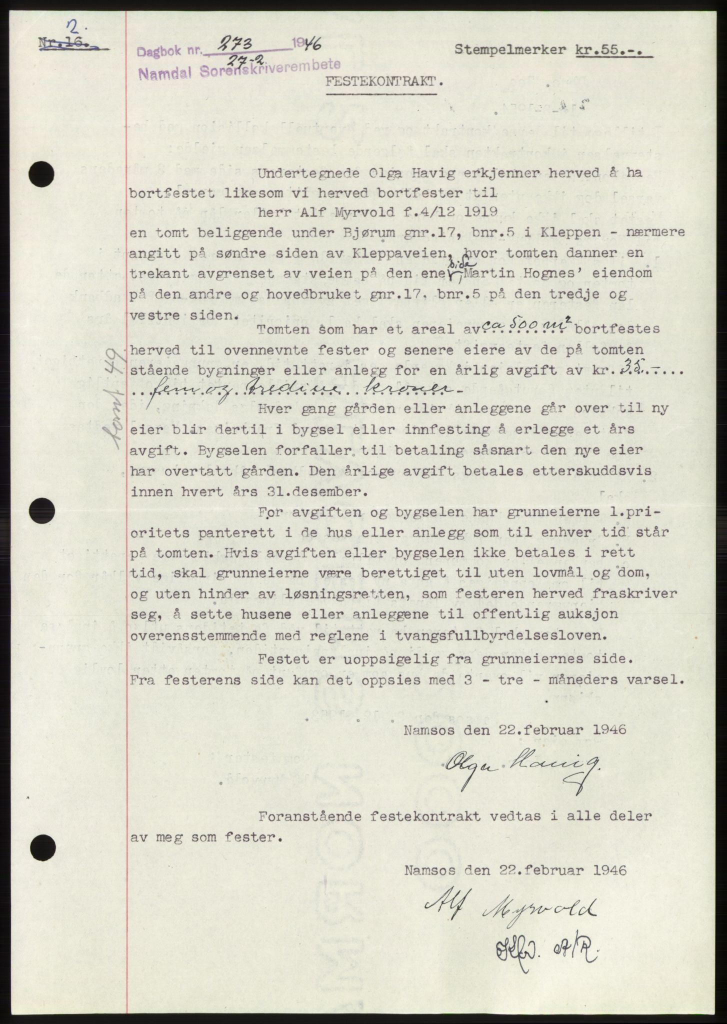 Namdal sorenskriveri, SAT/A-4133/1/2/2C: Pantebok nr. -, 1946-1946, Dagboknr: 273/1946