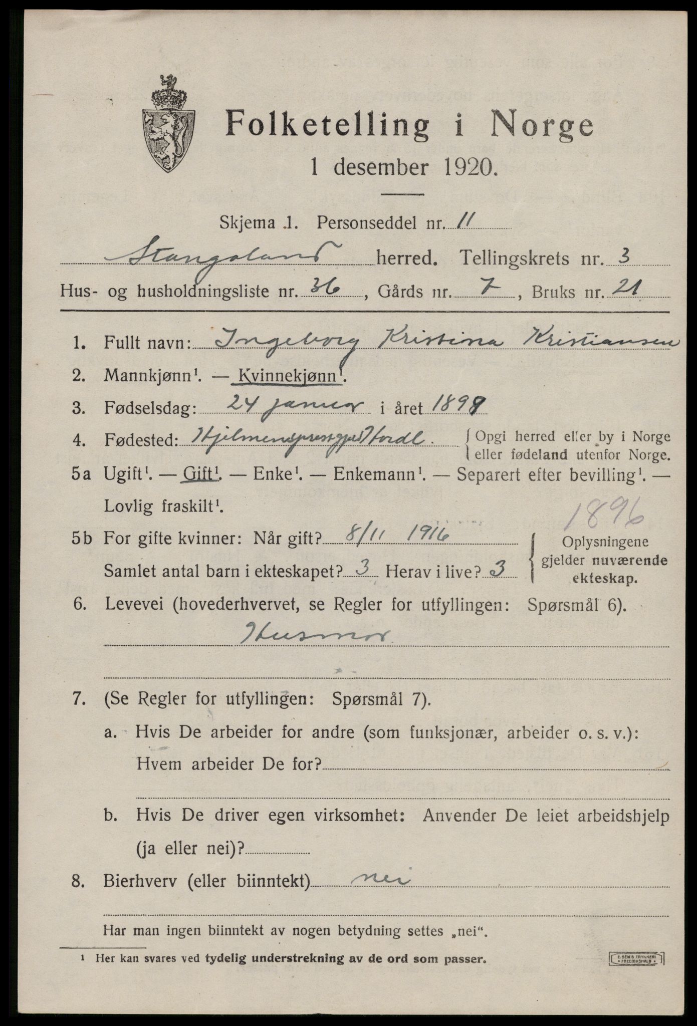 SAST, Folketelling 1920 for 1148 Stangaland herred, 1920, s. 2735