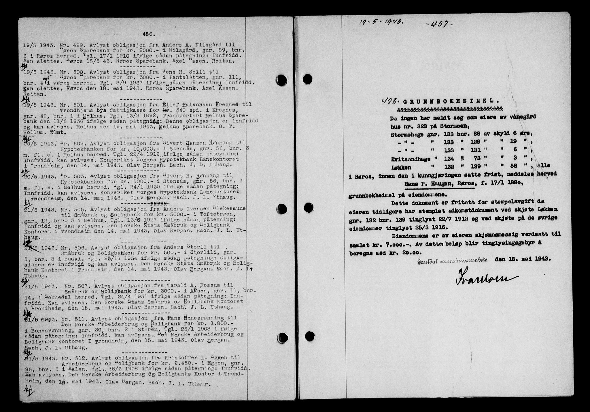 Gauldal sorenskriveri, SAT/A-0014/1/2/2C/L0056: Pantebok nr. 61, 1942-1943, Dagboknr: 498/1943