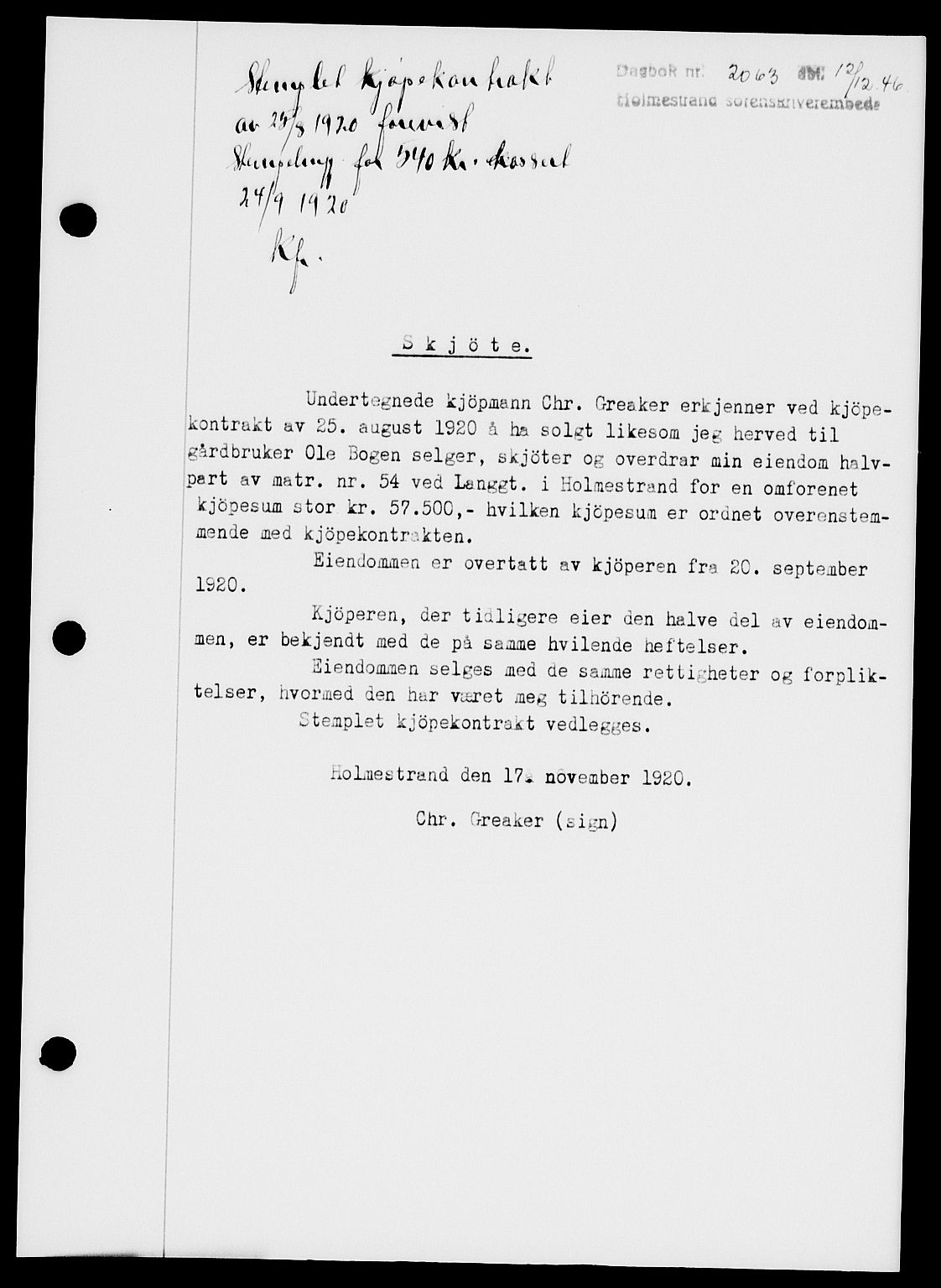 Holmestrand sorenskriveri, SAKO/A-67/G/Ga/Gaa/L0061: Pantebok nr. A-61, 1946-1947, Dagboknr: 2063/1946
