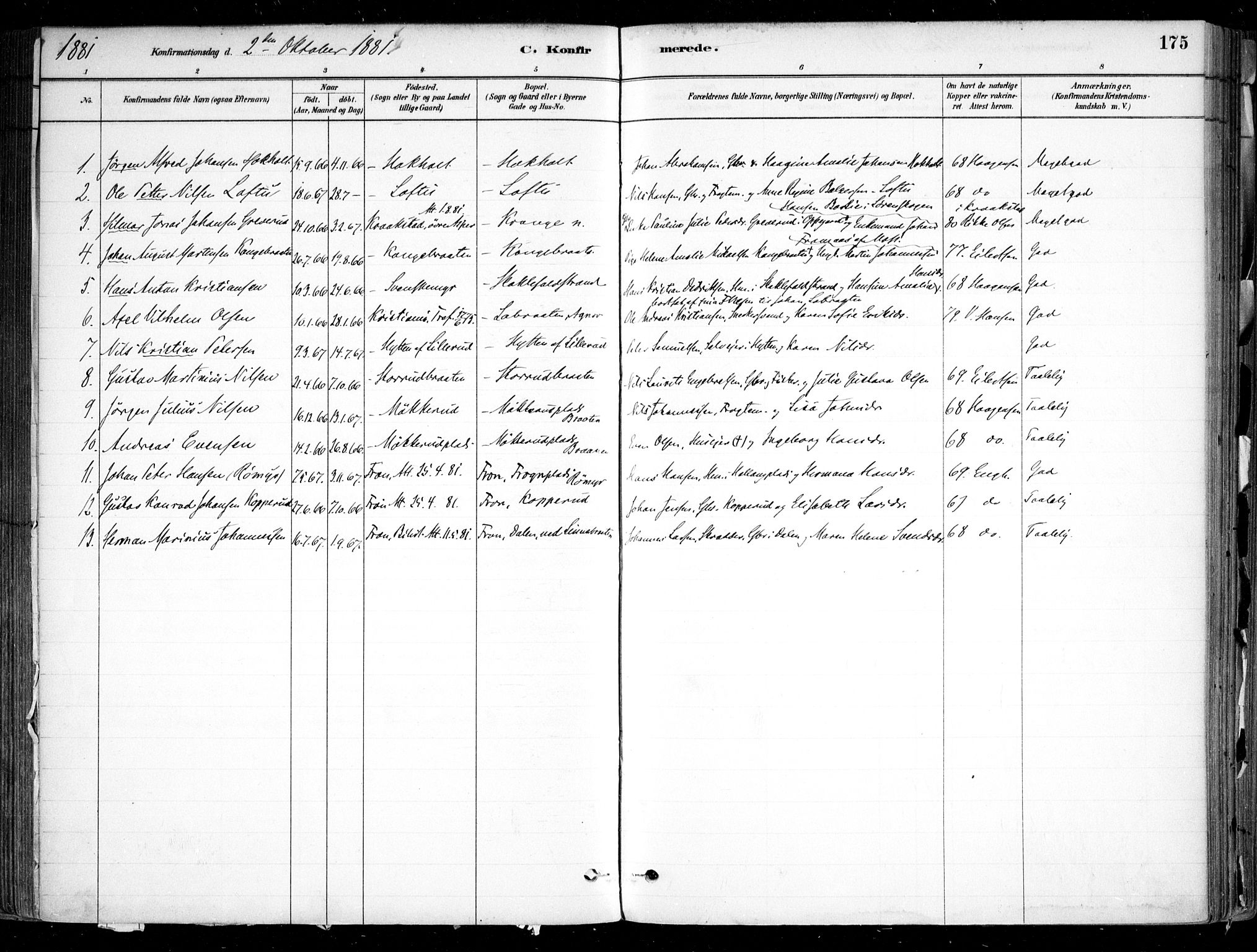 Nesodden prestekontor Kirkebøker, AV/SAO-A-10013/F/Fa/L0009: Ministerialbok nr. I 9, 1880-1915, s. 175