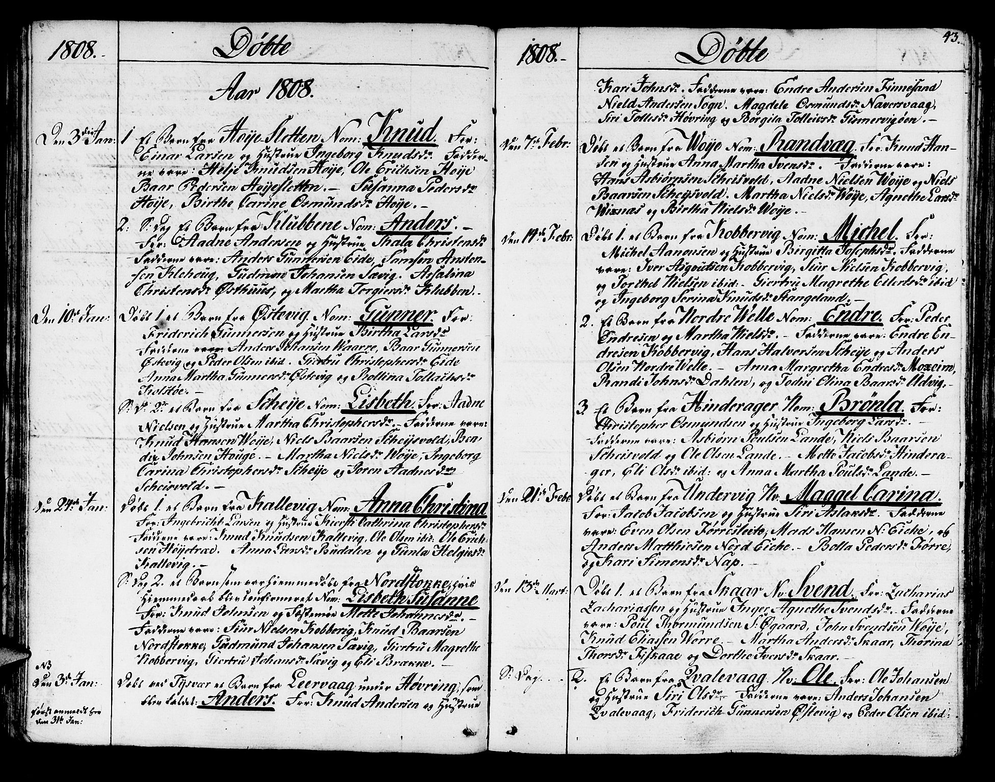 Avaldsnes sokneprestkontor, AV/SAST-A -101851/H/Ha/Haa/L0003: Ministerialbok nr. A 3, 1801-1817, s. 43