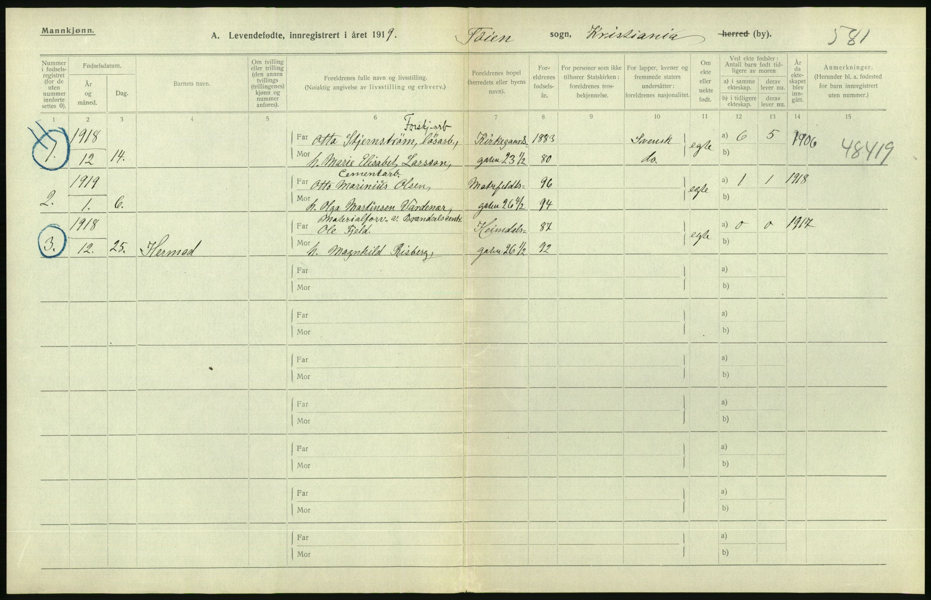 Statistisk sentralbyrå, Sosiodemografiske emner, Befolkning, AV/RA-S-2228/D/Df/Dfb/Dfbi/L0008: Kristiania: Levendefødte menn og kvinner., 1919