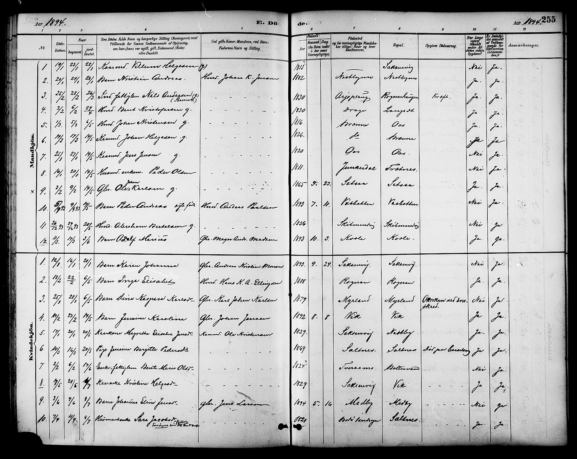 Ministerialprotokoller, klokkerbøker og fødselsregistre - Nordland, SAT/A-1459/847/L0669: Ministerialbok nr. 847A09, 1887-1901, s. 255