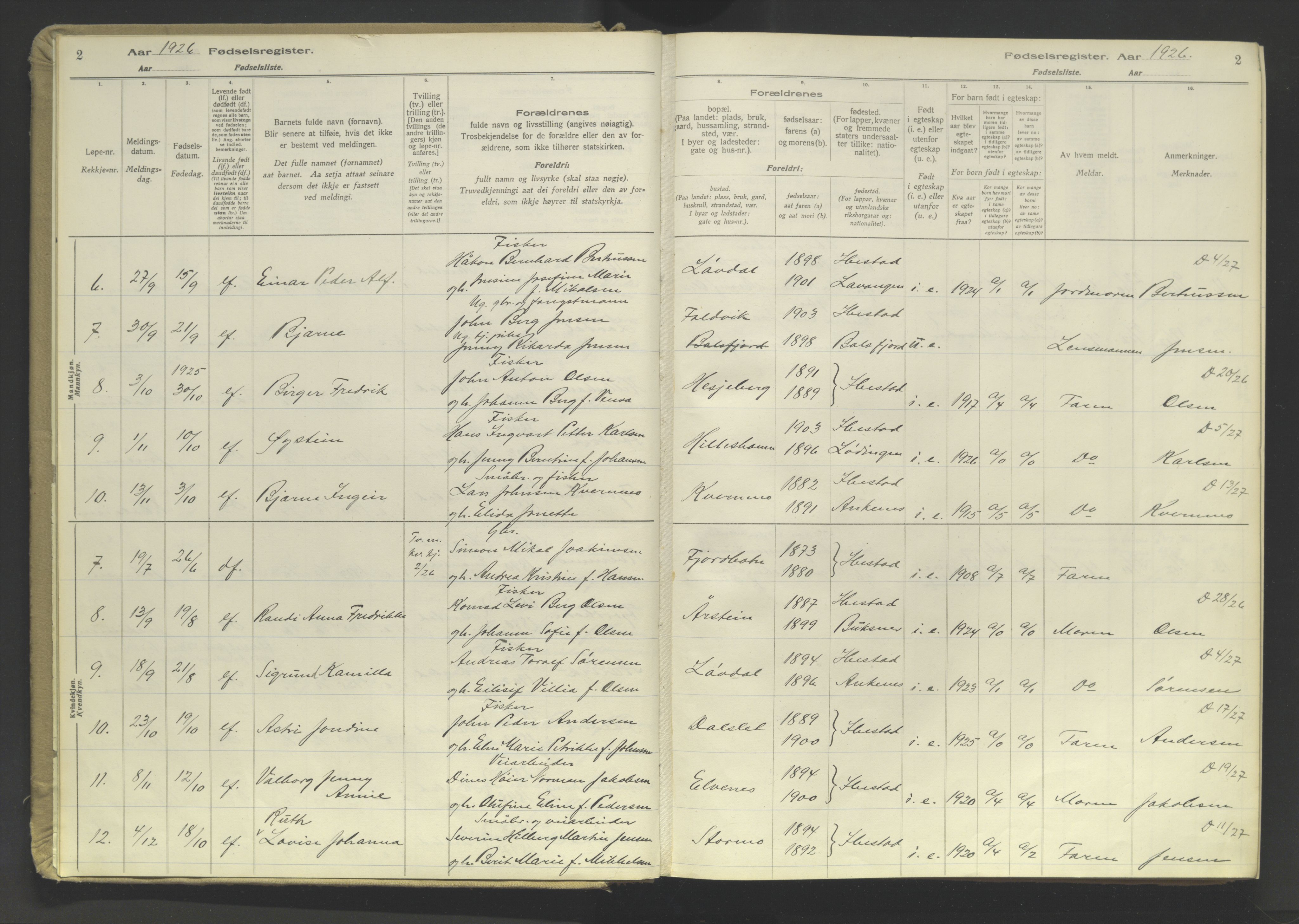 Ibestad sokneprestembete, SATØ/S-0077/I/Ic/L0064: Fødselsregister nr. 64, 1926-1961, s. 2