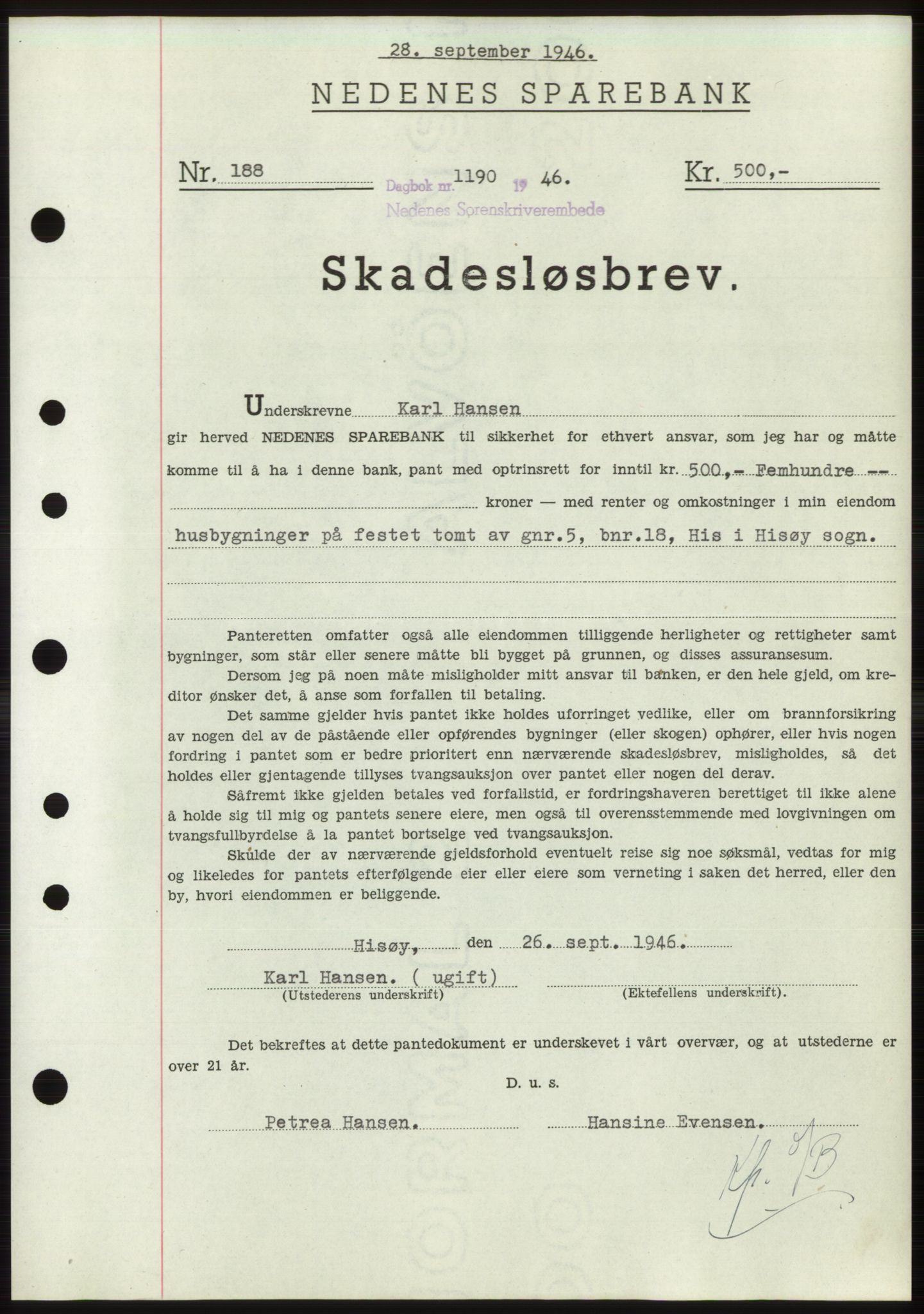 Nedenes sorenskriveri, SAK/1221-0006/G/Gb/Gbb/L0003: Pantebok nr. B3b, 1946-1946, Dagboknr: 1190/1946