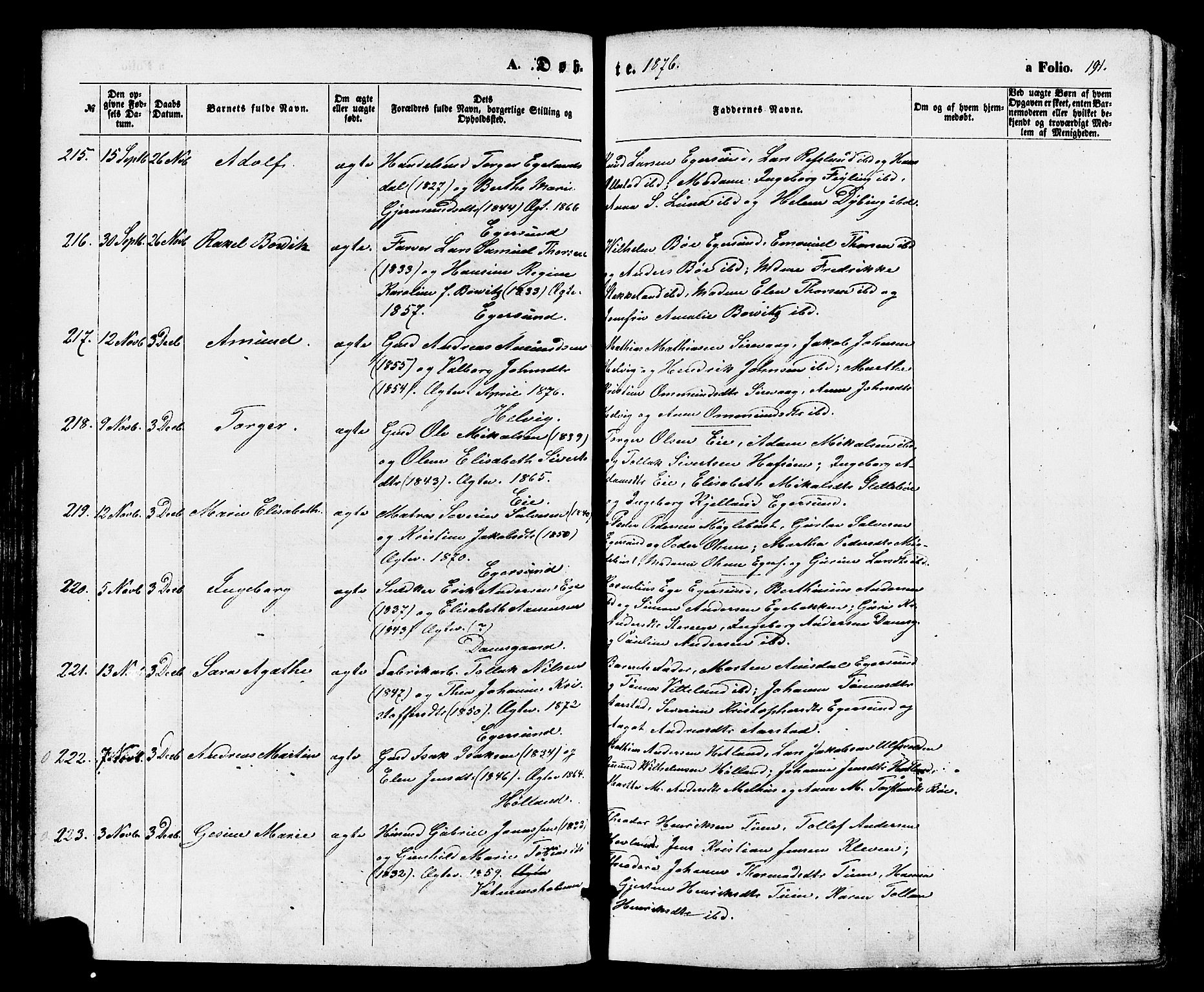 Eigersund sokneprestkontor, AV/SAST-A-101807/S08/L0014: Ministerialbok nr. A 13, 1866-1878, s. 191