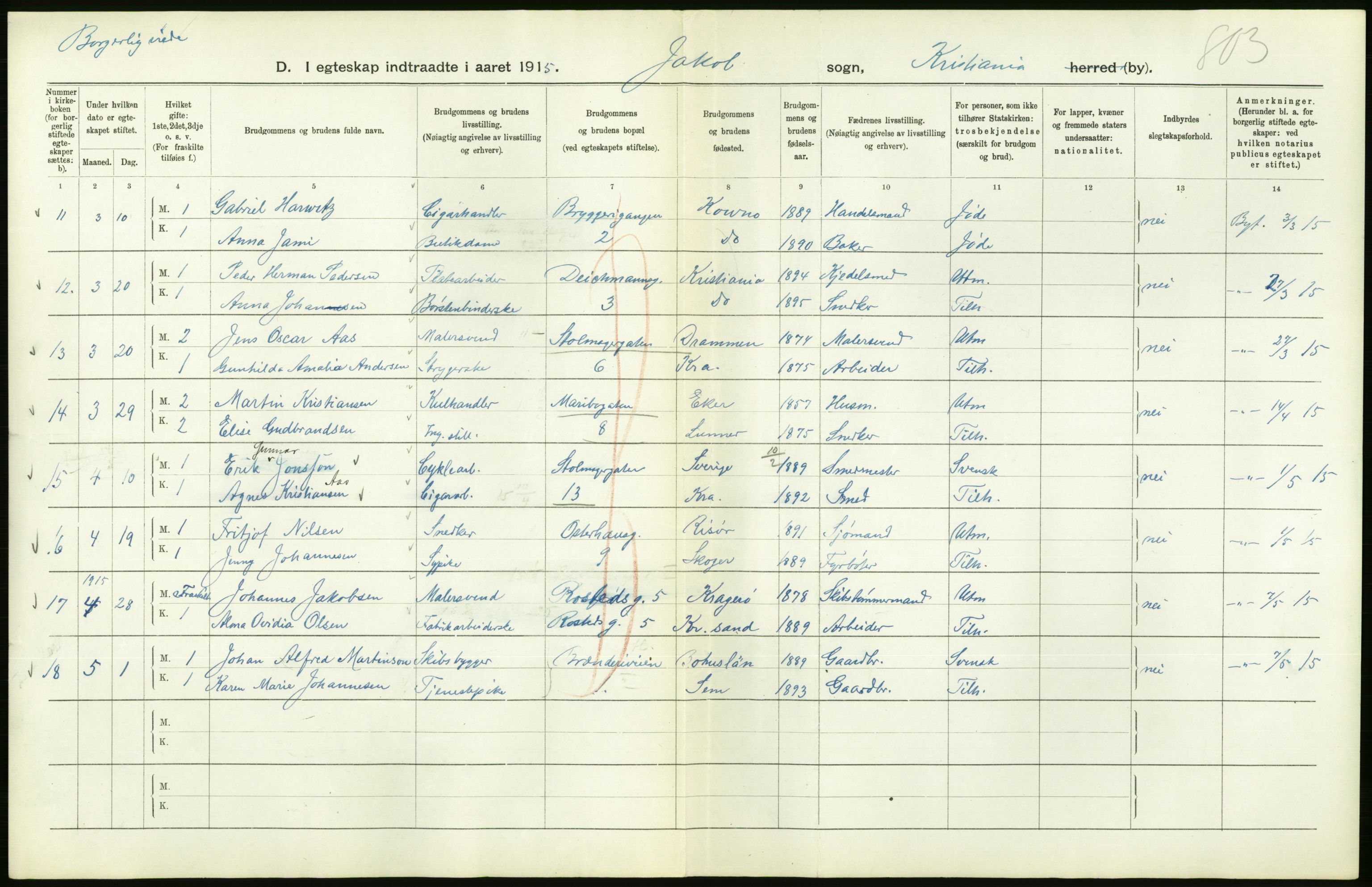 Statistisk sentralbyrå, Sosiodemografiske emner, Befolkning, RA/S-2228/D/Df/Dfb/Dfbe/L0008: Kristiania: Gifte., 1915, s. 574