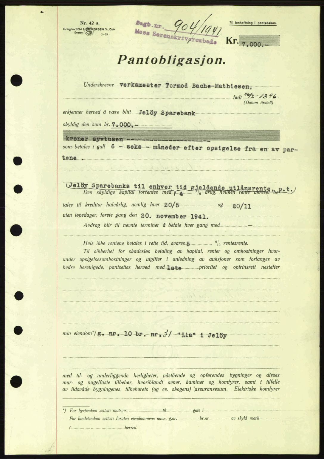 Moss sorenskriveri, SAO/A-10168: Pantebok nr. B10, 1940-1941, Dagboknr: 904/1941