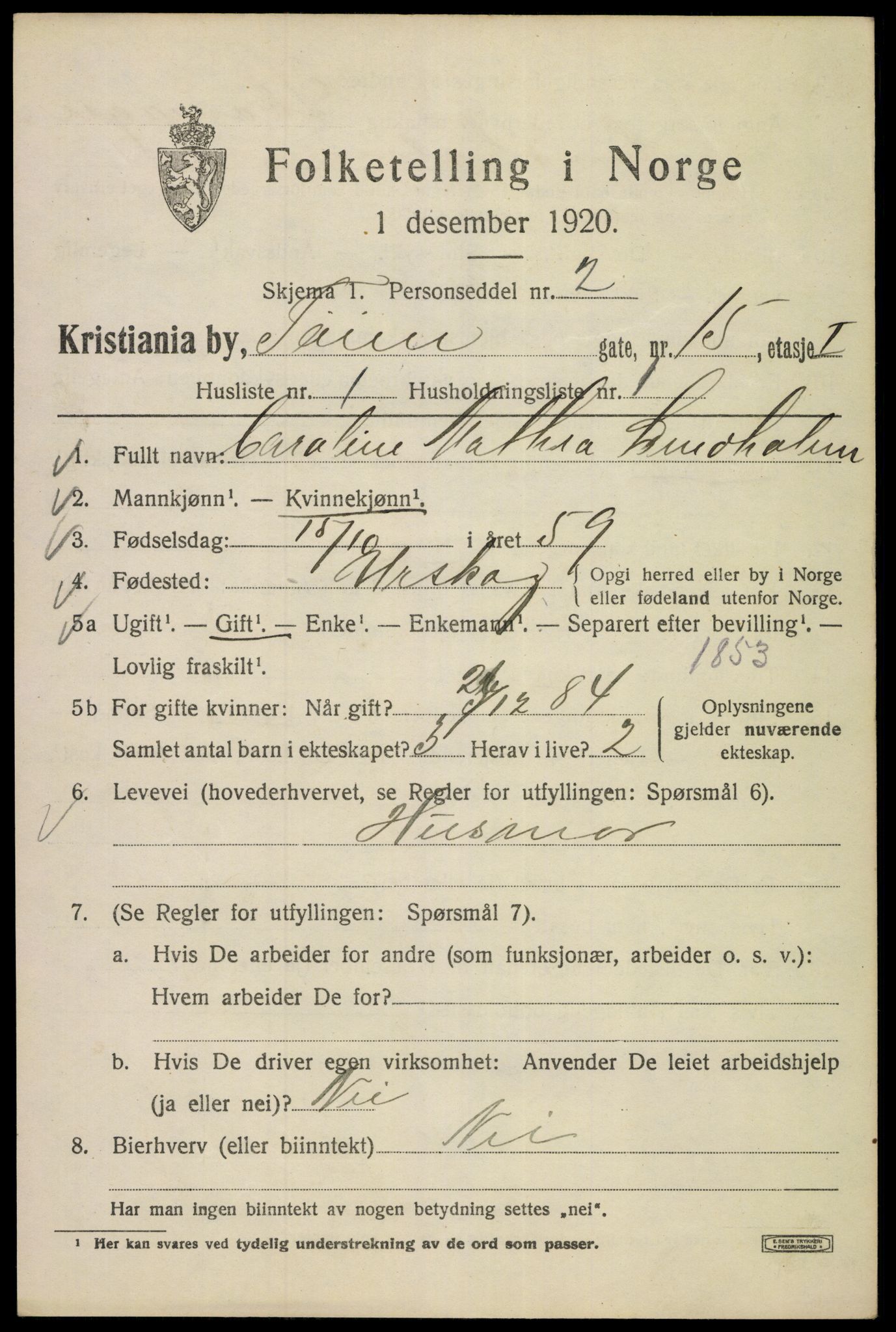 SAO, Folketelling 1920 for 0301 Kristiania kjøpstad, 1920, s. 605179