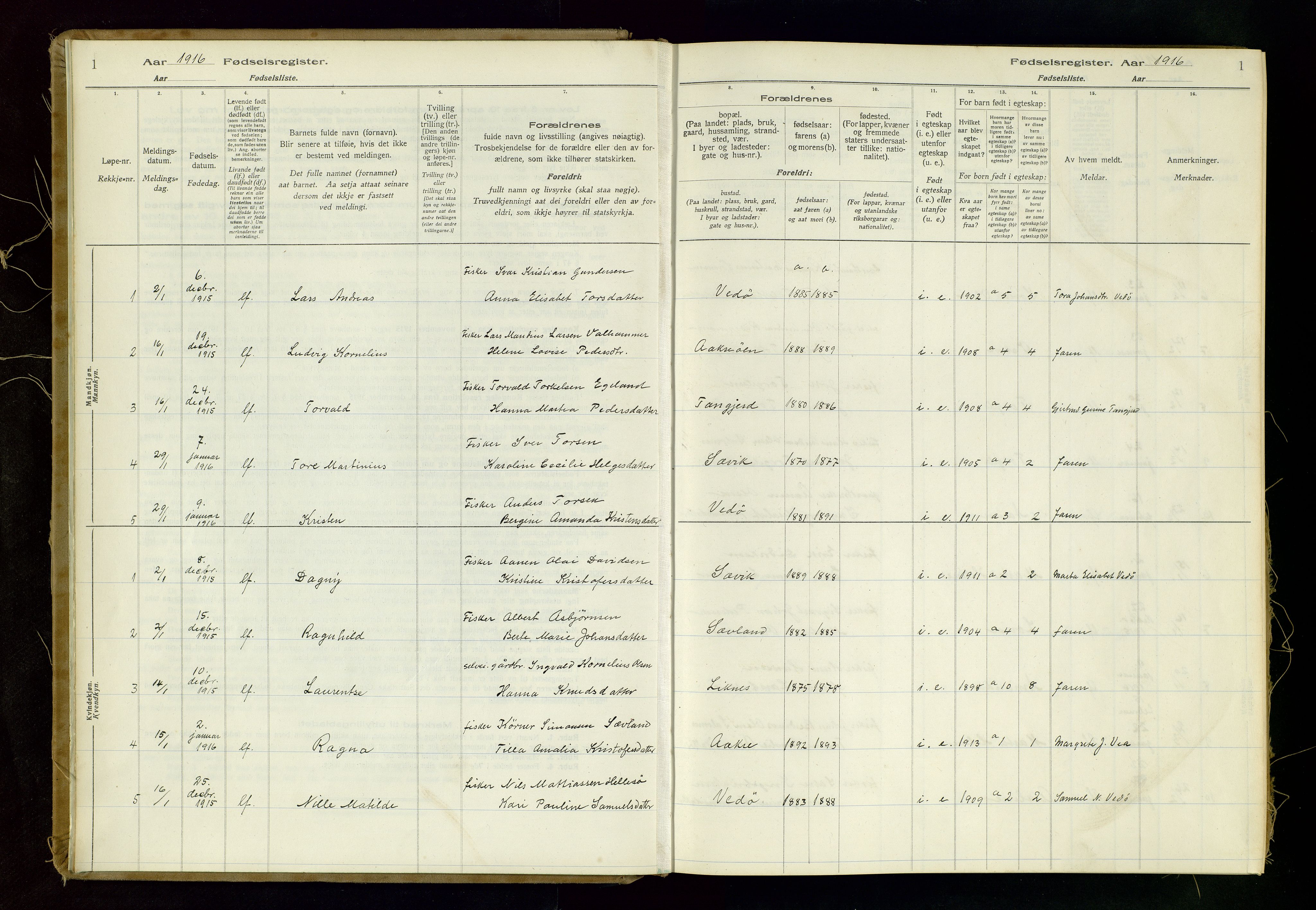 Kopervik sokneprestkontor, SAST/A-101850/I/Id/L0006: Fødselsregister nr. 6, 1916-1934, s. 1