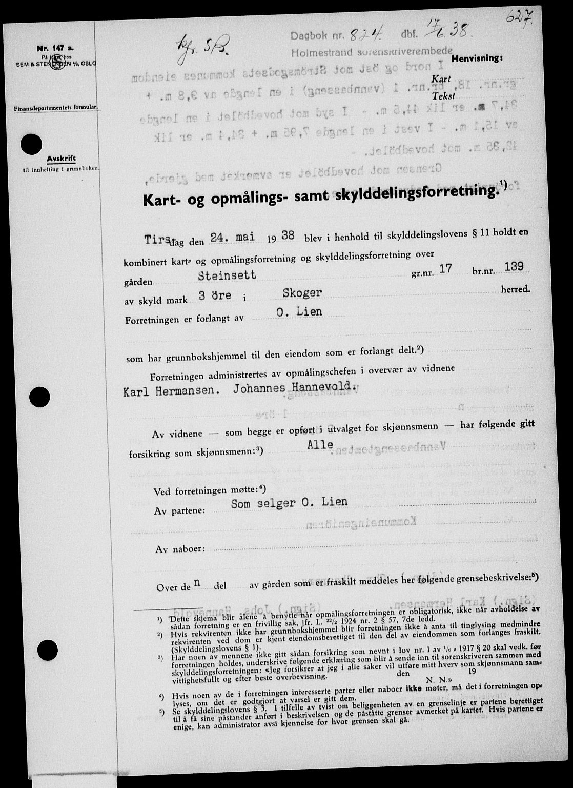 Holmestrand sorenskriveri, SAKO/A-67/G/Ga/Gaa/L0049: Pantebok nr. A-49, 1937-1938, Dagboknr: 824/1938