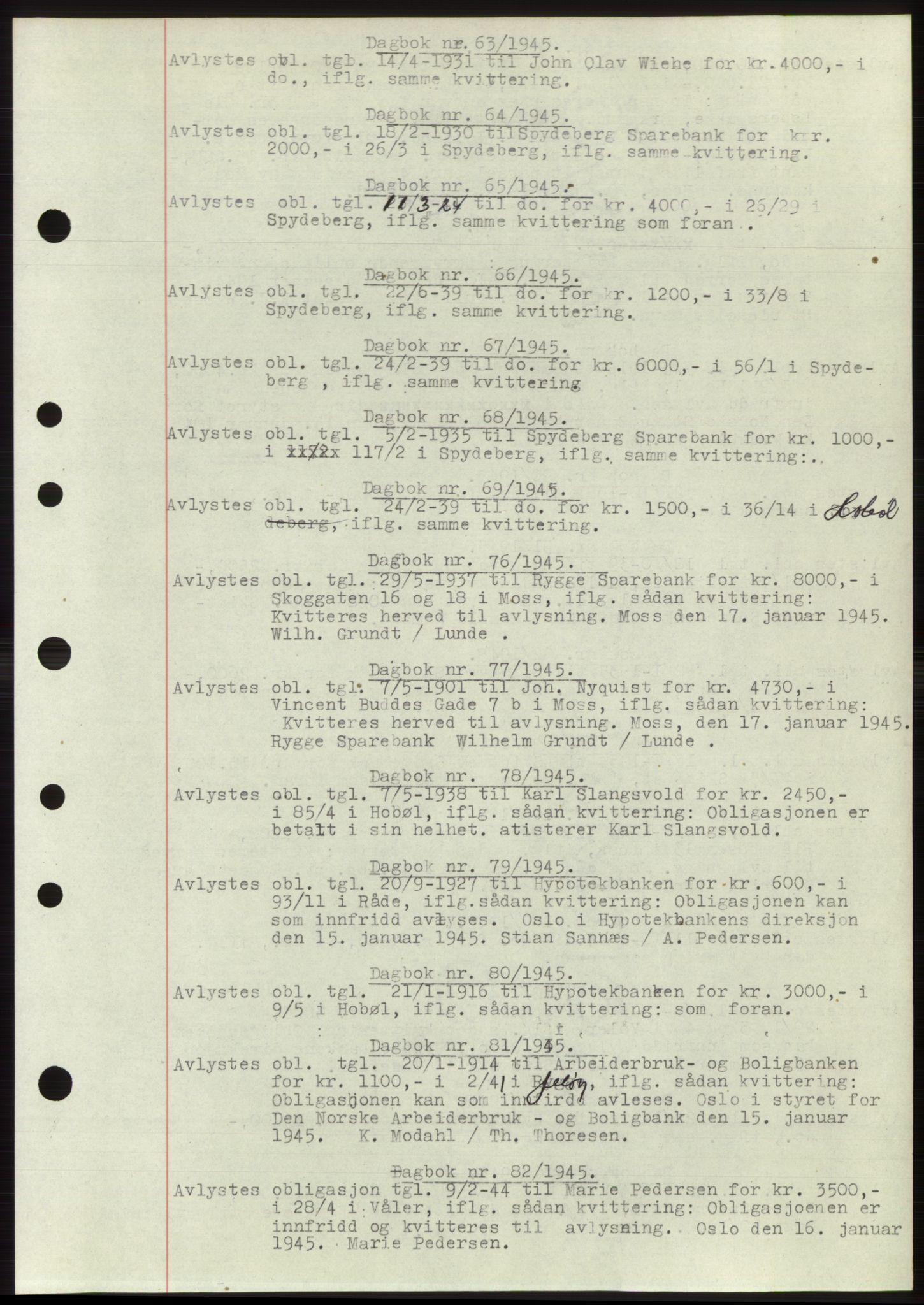 Moss sorenskriveri, SAO/A-10168: Pantebok nr. C10, 1938-1950, Dagboknr: 63/1945