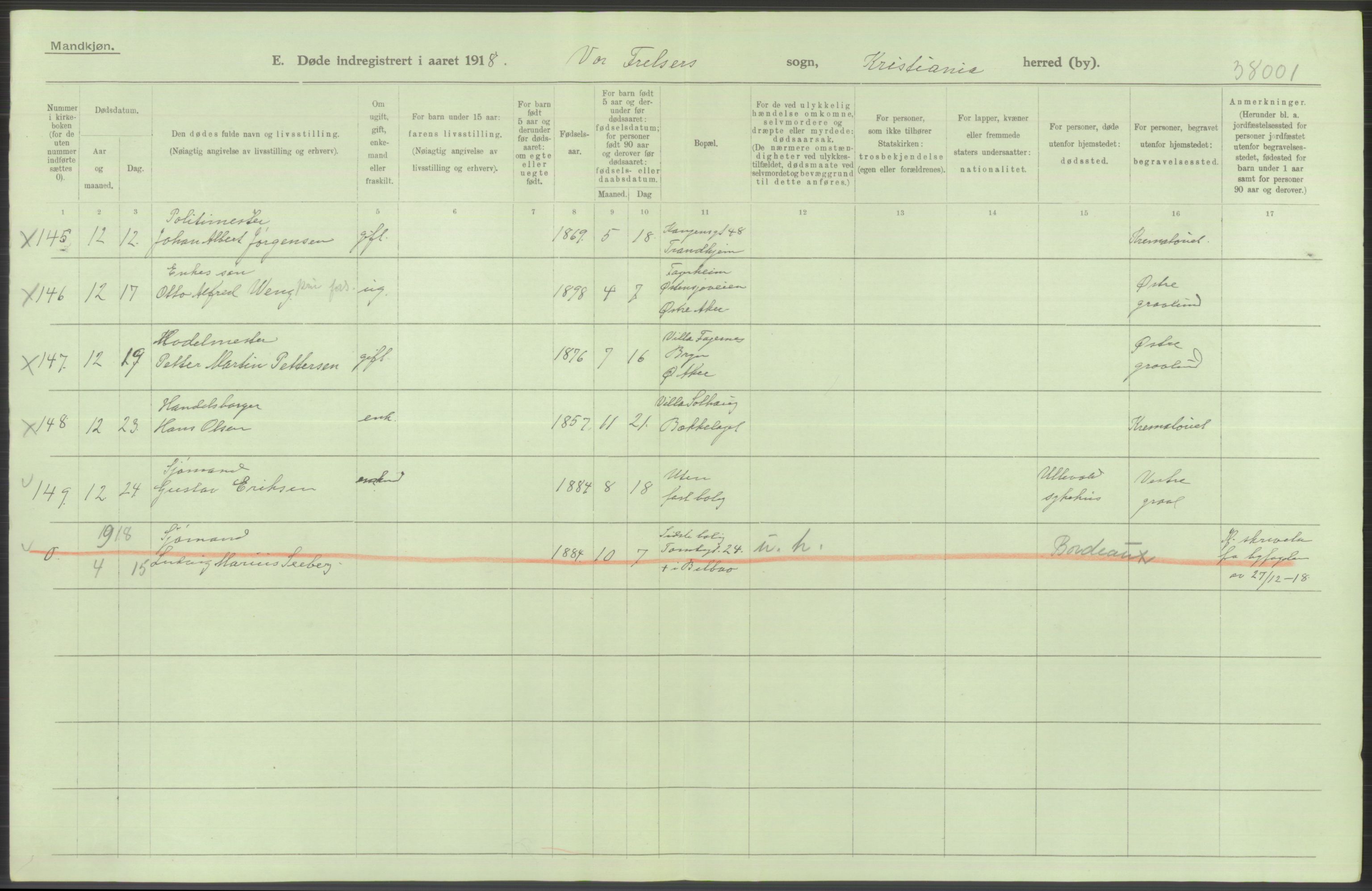 Statistisk sentralbyrå, Sosiodemografiske emner, Befolkning, AV/RA-S-2228/D/Df/Dfb/Dfbh/L0011: Kristiania: Døde, dødfødte, 1918, s. 192