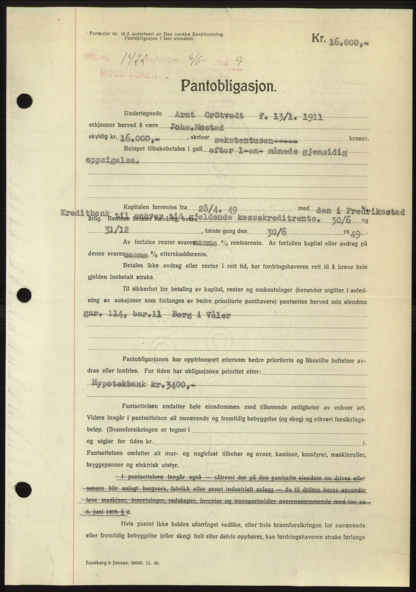 Moss sorenskriveri, SAO/A-10168: Pantebok nr. B21, 1949-1949, Dagboknr: 1422/1949