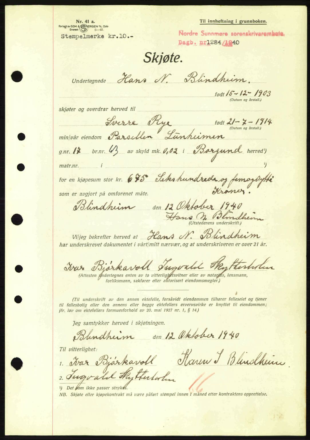 Nordre Sunnmøre sorenskriveri, AV/SAT-A-0006/1/2/2C/2Ca: Pantebok nr. A9, 1940-1940, Dagboknr: 1284/1940