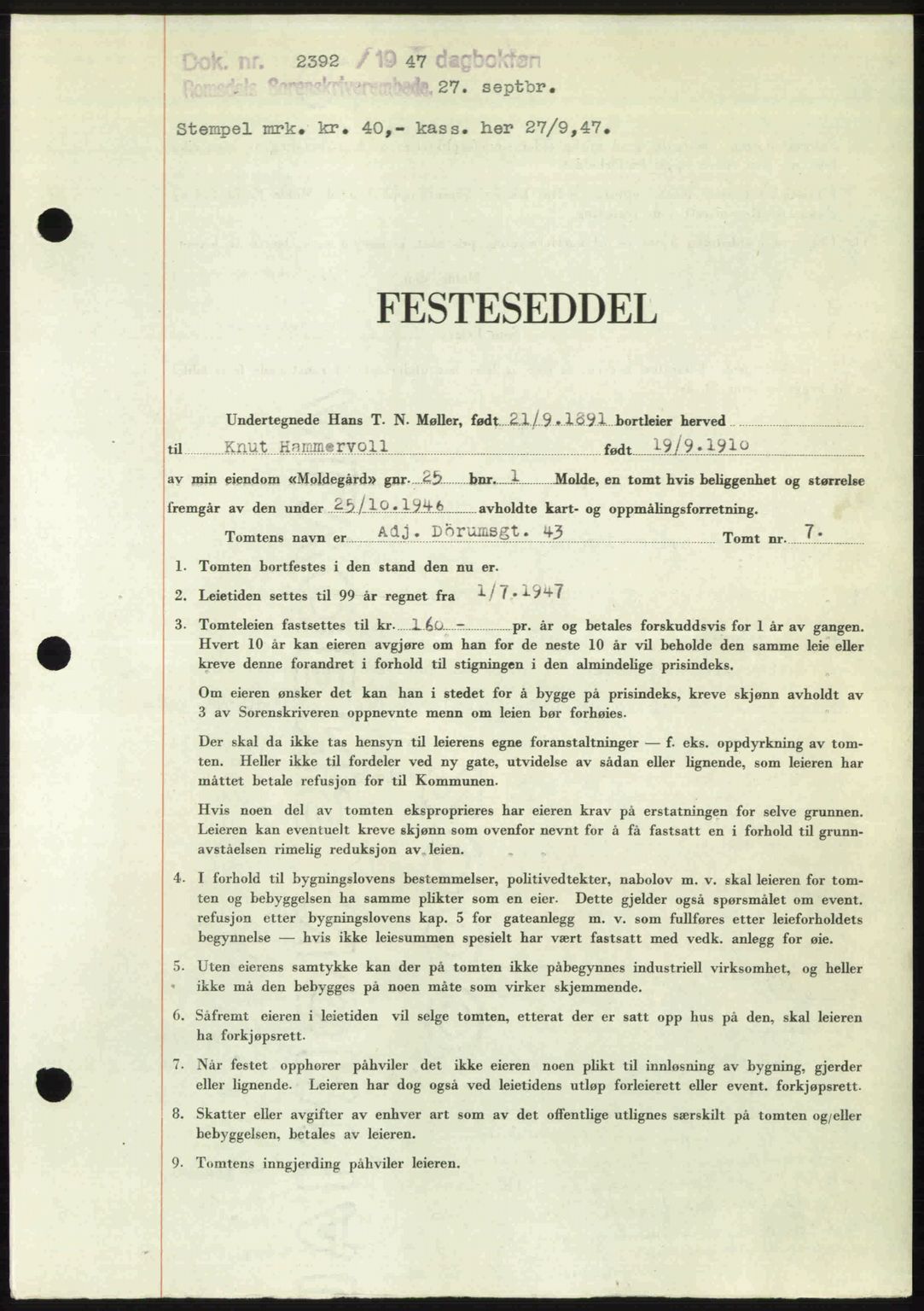 Romsdal sorenskriveri, SAT/A-4149/1/2/2C: Pantebok nr. A24, 1947-1947, Dagboknr: 2392/1947