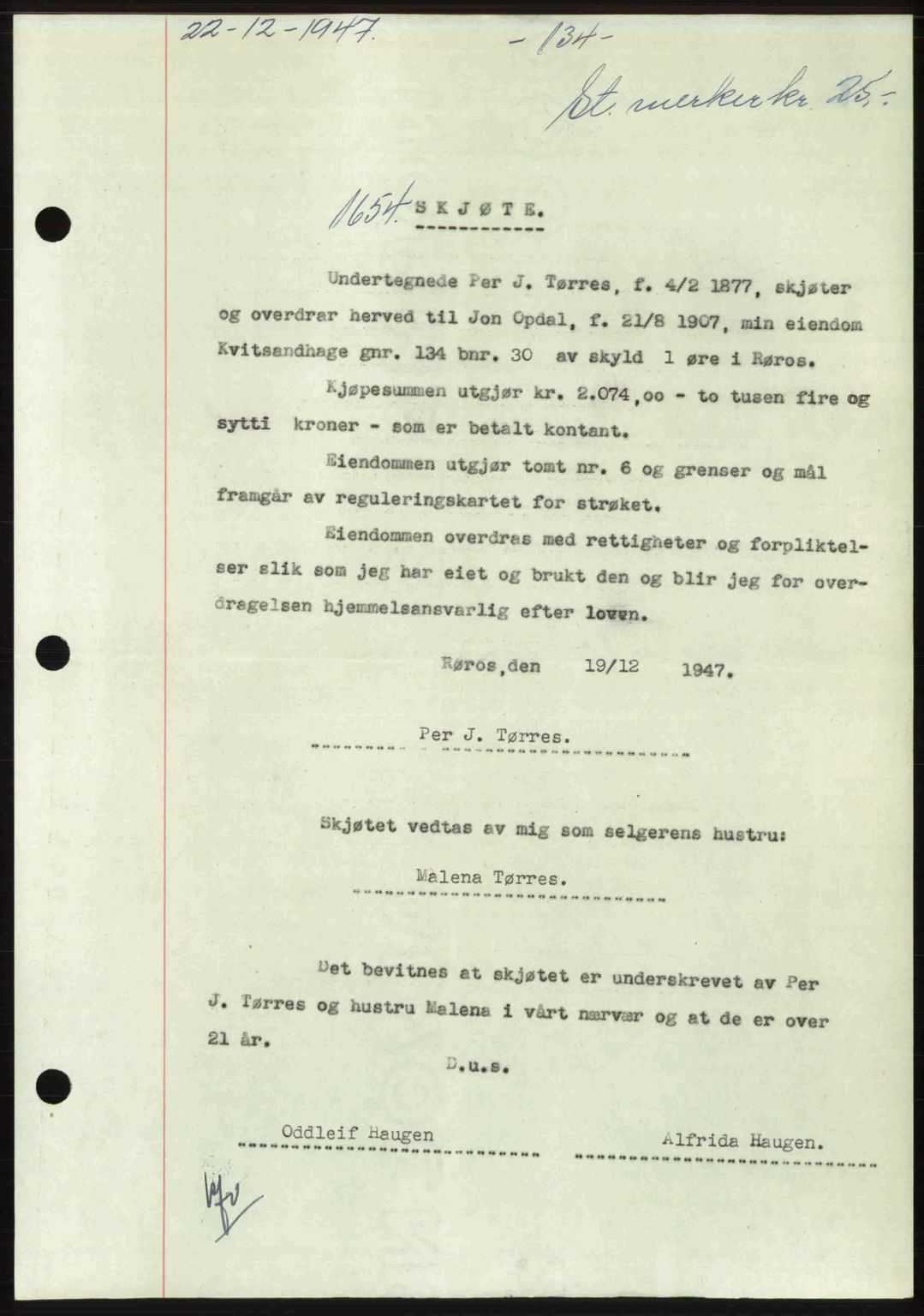 Gauldal sorenskriveri, SAT/A-0014/1/2/2C: Pantebok nr. A5, 1947-1948, Dagboknr: 1654/1947