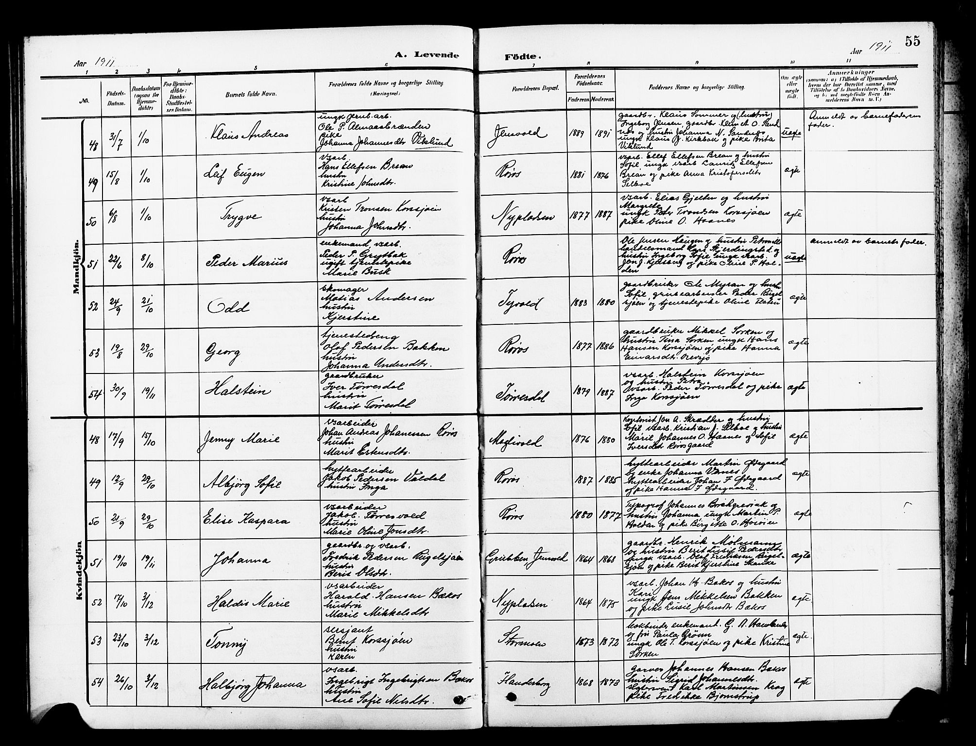 Ministerialprotokoller, klokkerbøker og fødselsregistre - Sør-Trøndelag, SAT/A-1456/681/L0942: Klokkerbok nr. 681C06, 1906-1925, s. 55