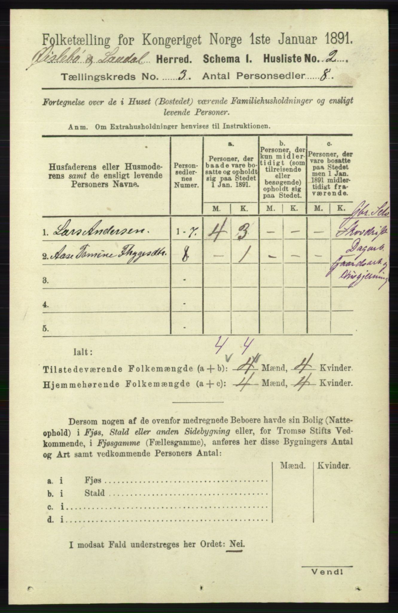 RA, Folketelling 1891 for 1021 Øyslebø og Laudal herred, 1891, s. 699