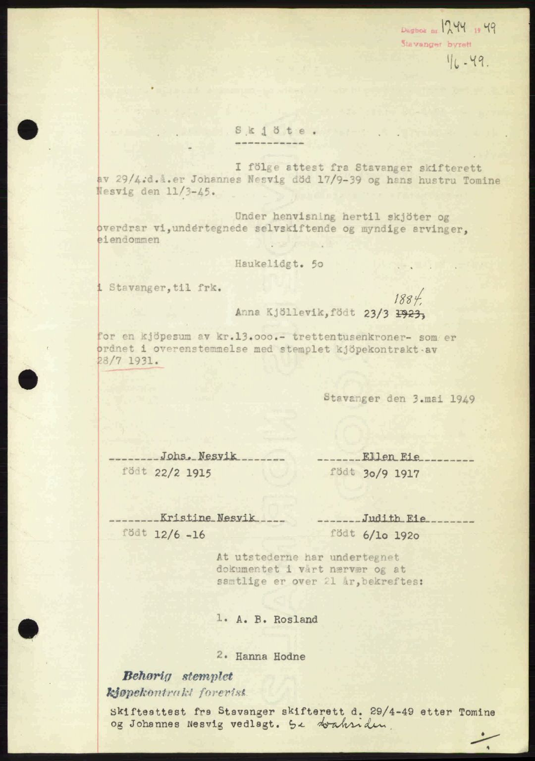 Stavanger byrett, SAST/A-100455/002/G/Gb/L0023: Pantebok nr. A12, 1948-1949, Dagboknr: 1224/1949