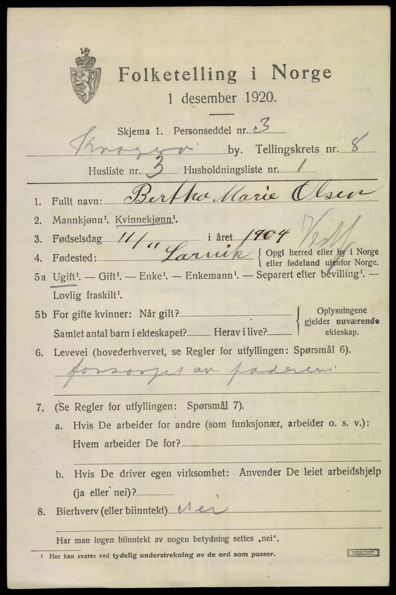 SAKO, Folketelling 1920 for 0801 Kragerø kjøpstad, 1920, s. 11111