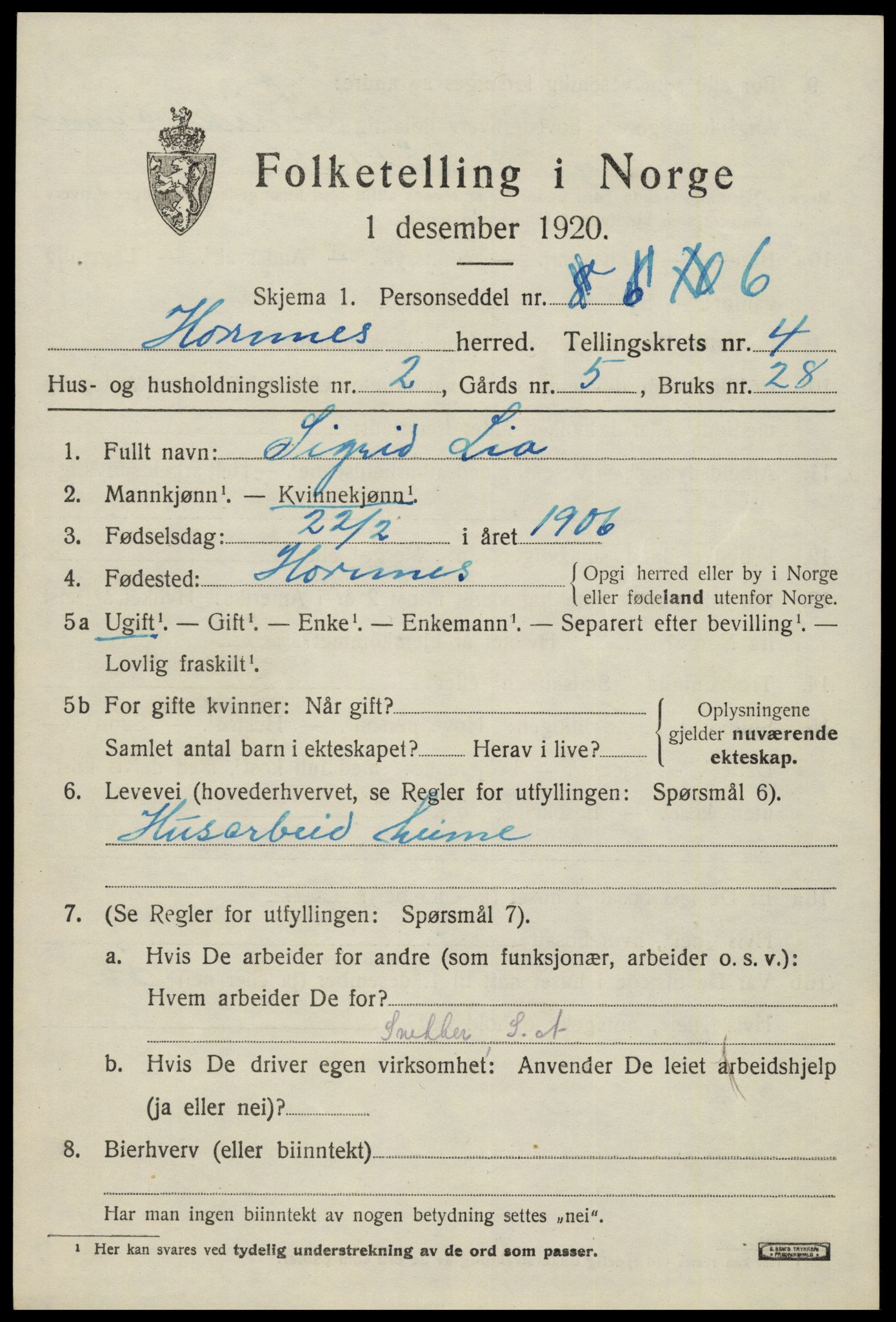 SAK, Folketelling 1920 for 0936 Hornnes herred, 1920, s. 1151