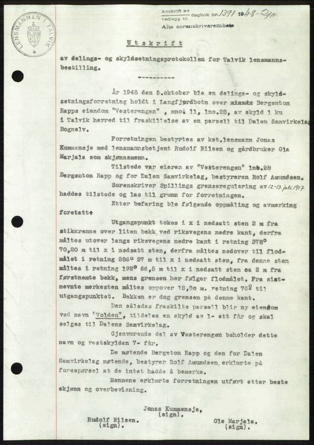 Alta fogderi/sorenskriveri, AV/SATØ-SATØ-5/1/K/Kd/L0037pantebok: Pantebok nr. 39-40, 1948-1949, Dagboknr: 1391/1948