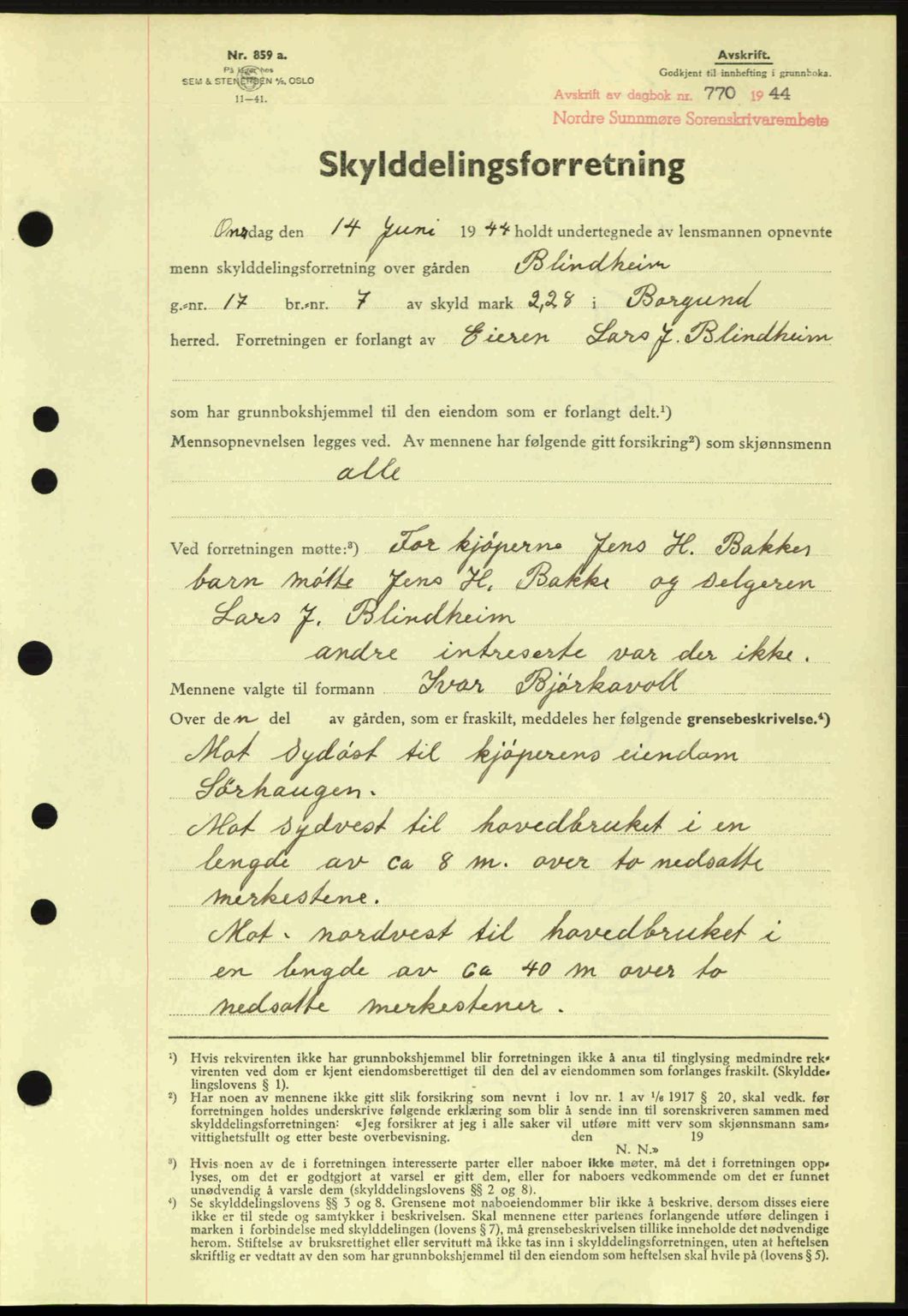 Nordre Sunnmøre sorenskriveri, SAT/A-0006/1/2/2C/2Ca: Pantebok nr. A18, 1944-1944, Dagboknr: 770/1944