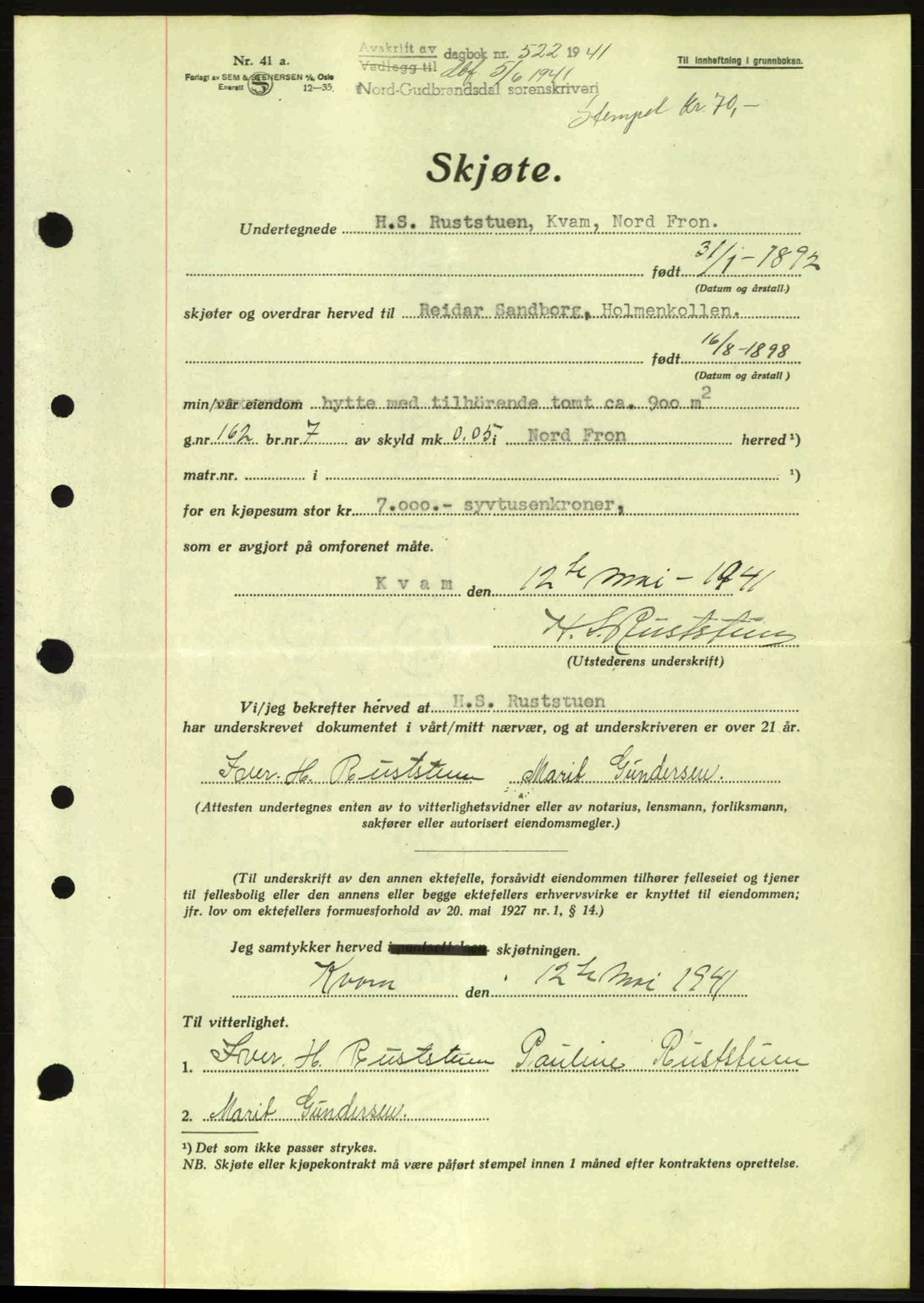 Nord-Gudbrandsdal tingrett, SAH/TING-002/H/Hb/Hbb/L0007: Pantebok nr. FA7, 1941-1941, Dagboknr: 522/1941