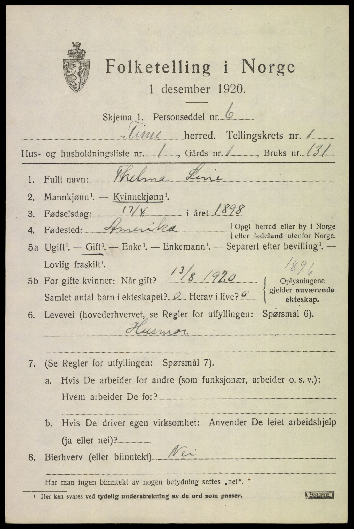 SAST, Folketelling 1920 for 1121 Time herred, 1920, s. 1285