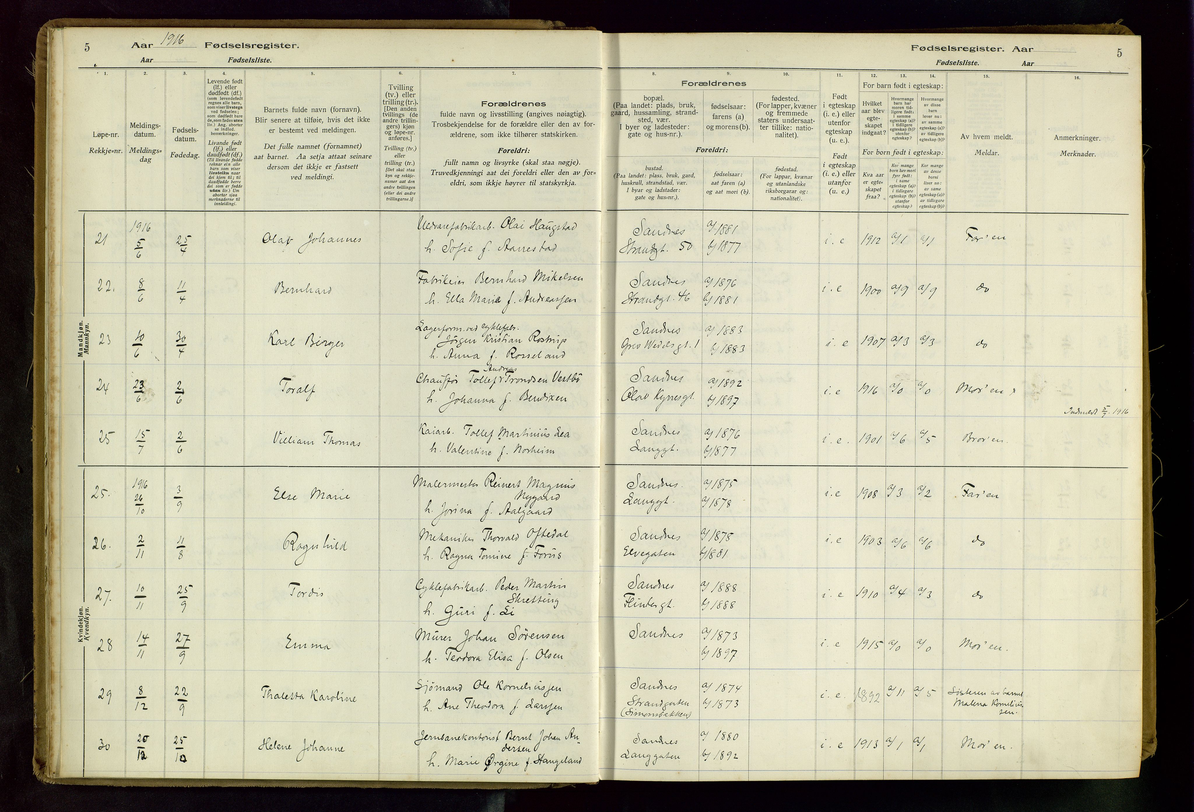 Sandnes sokneprestkontor, AV/SAST-A-101800/704BA/L0001: Fødselsregister nr. 1, 1916-1942, s. 5