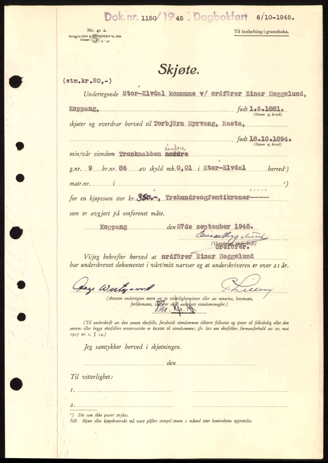 Sør-Østerdal sorenskriveri, AV/SAH-TING-018/H/Hb/Hbb/L0073: Pantebok nr. A73, 1945-1946, Dagboknr: 1150/1945