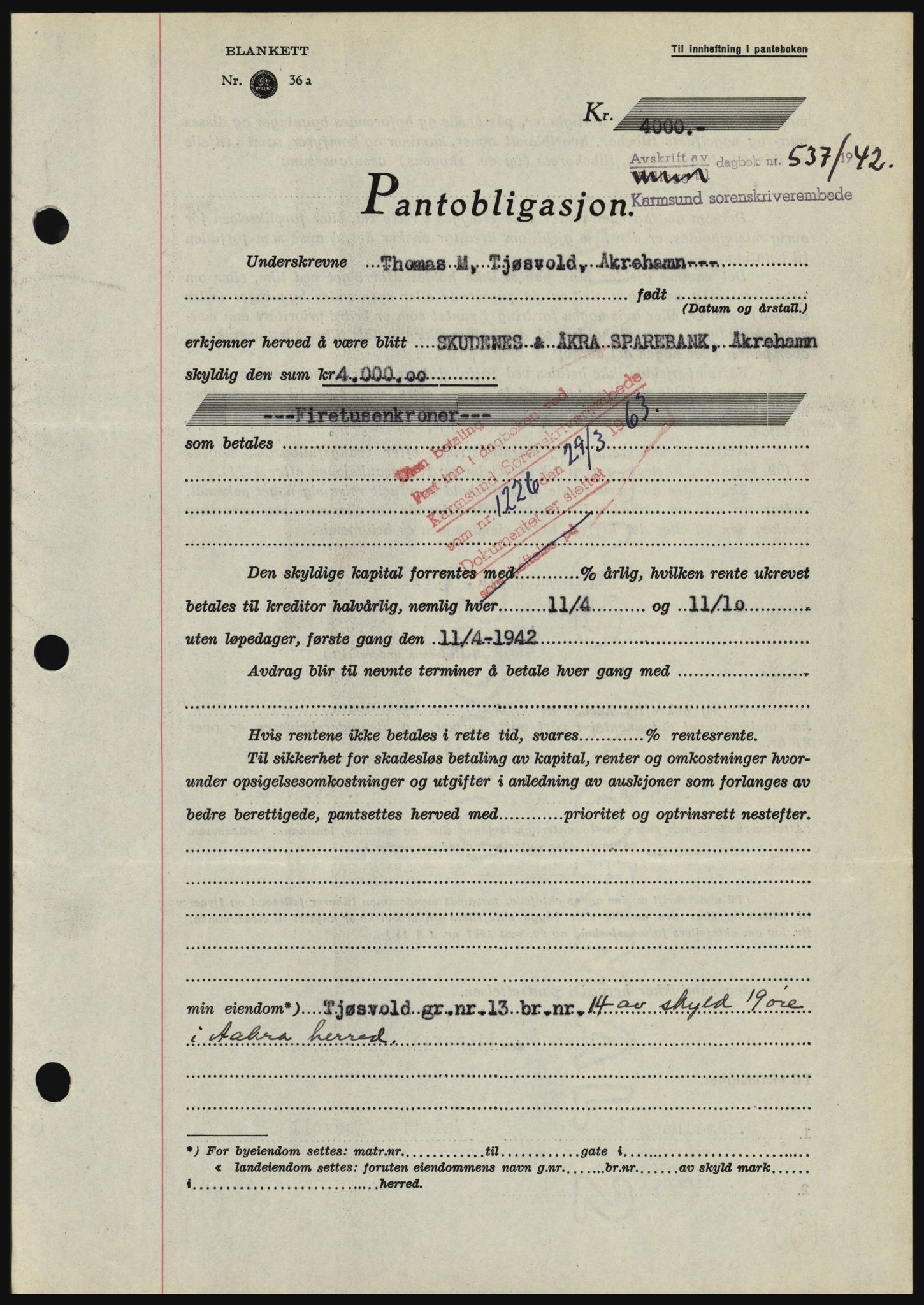 Karmsund sorenskriveri, SAST/A-100311/01/II/IIBBE/L0008: Pantebok nr. B 54, 1942-1943, Dagboknr: 537/1942