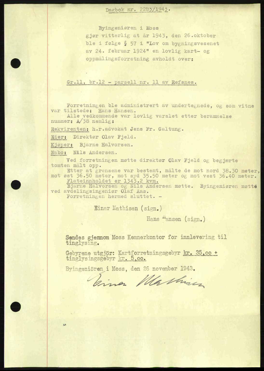 Moss sorenskriveri, SAO/A-10168: Pantebok nr. A12, 1943-1944, Dagboknr: 2283/1943