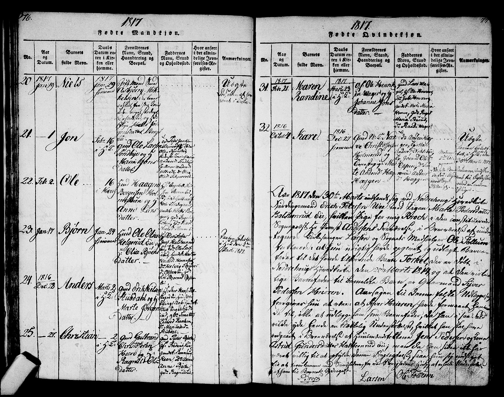 Norderhov kirkebøker, AV/SAKO-A-237/G/Ga/L0002: Klokkerbok nr. I 2, 1814-1867, s. 76-77