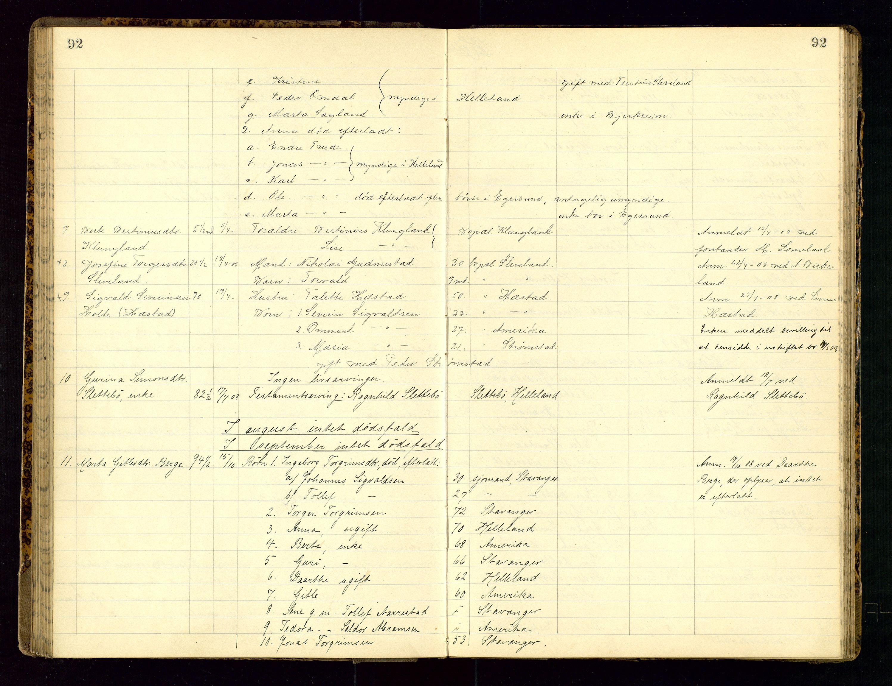 Dalane sorenskriveri, SAST/A-100309/001/5/52/L0001: DØDSFALLPROTOKOLL, 1904-1911, s. 92