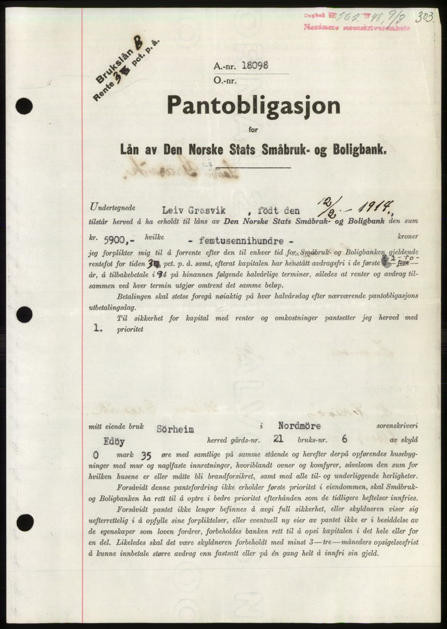 Nordmøre sorenskriveri, SAT/A-4132/1/2/2Ca: Pantebok nr. B98, 1948-1948, Dagboknr: 562/1948