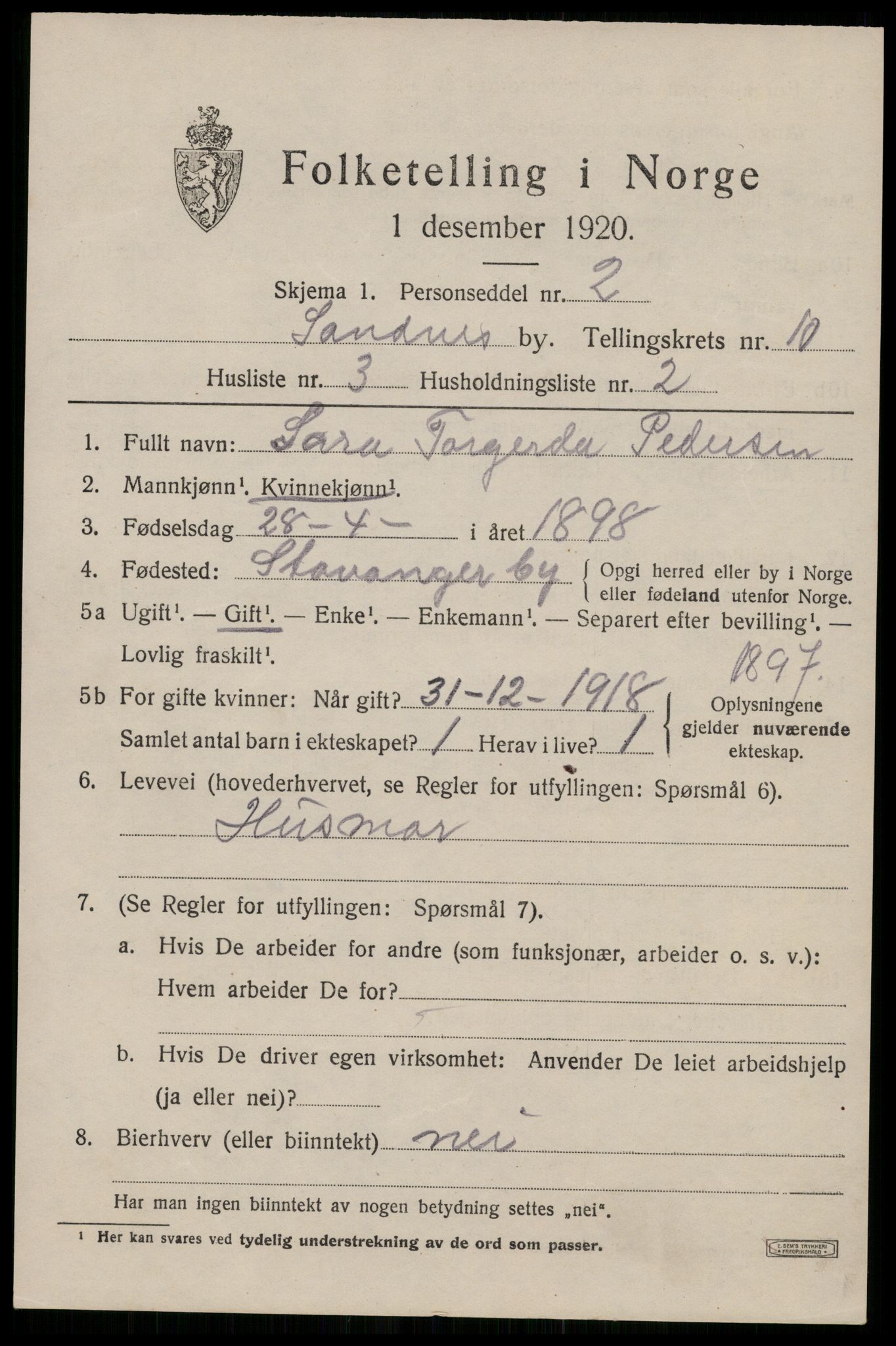 SAST, Folketelling 1920 for 1102 Sandnes ladested, 1920, s. 6712