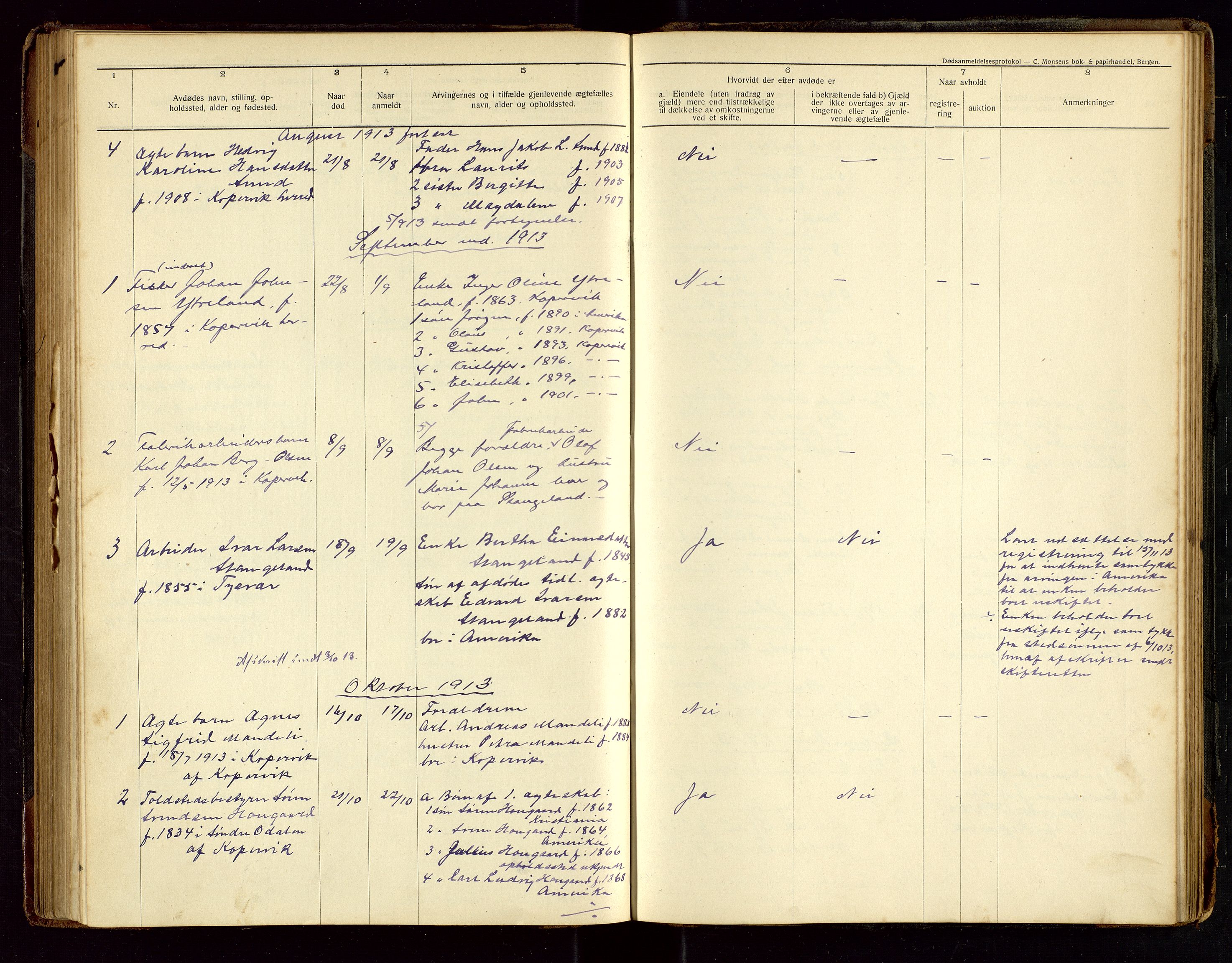 Avaldsnes lensmannskontor, AV/SAST-A-100286/Gga/L0002: Dødsfallsprotokoll, 1912-1920