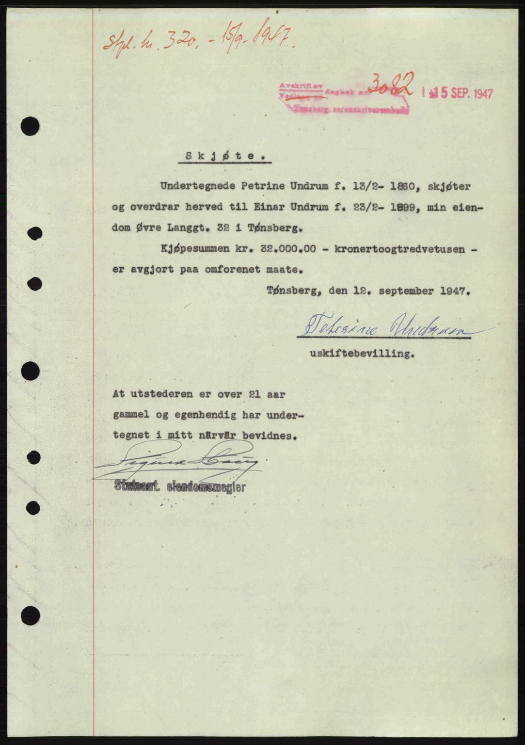 Tønsberg sorenskriveri, SAKO/A-130/G/Ga/Gaa/L0022: Pantebok nr. A22, 1947-1947, Dagboknr: 3082/1947