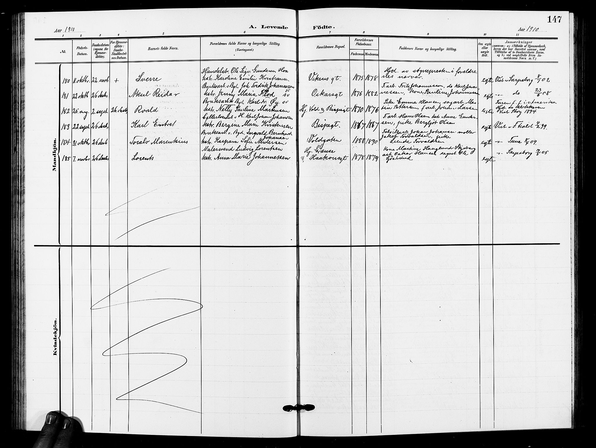 Sarpsborg prestekontor Kirkebøker, AV/SAO-A-2006/G/Ga/L0001: Klokkerbok nr. 1, 1902-1911, s. 147