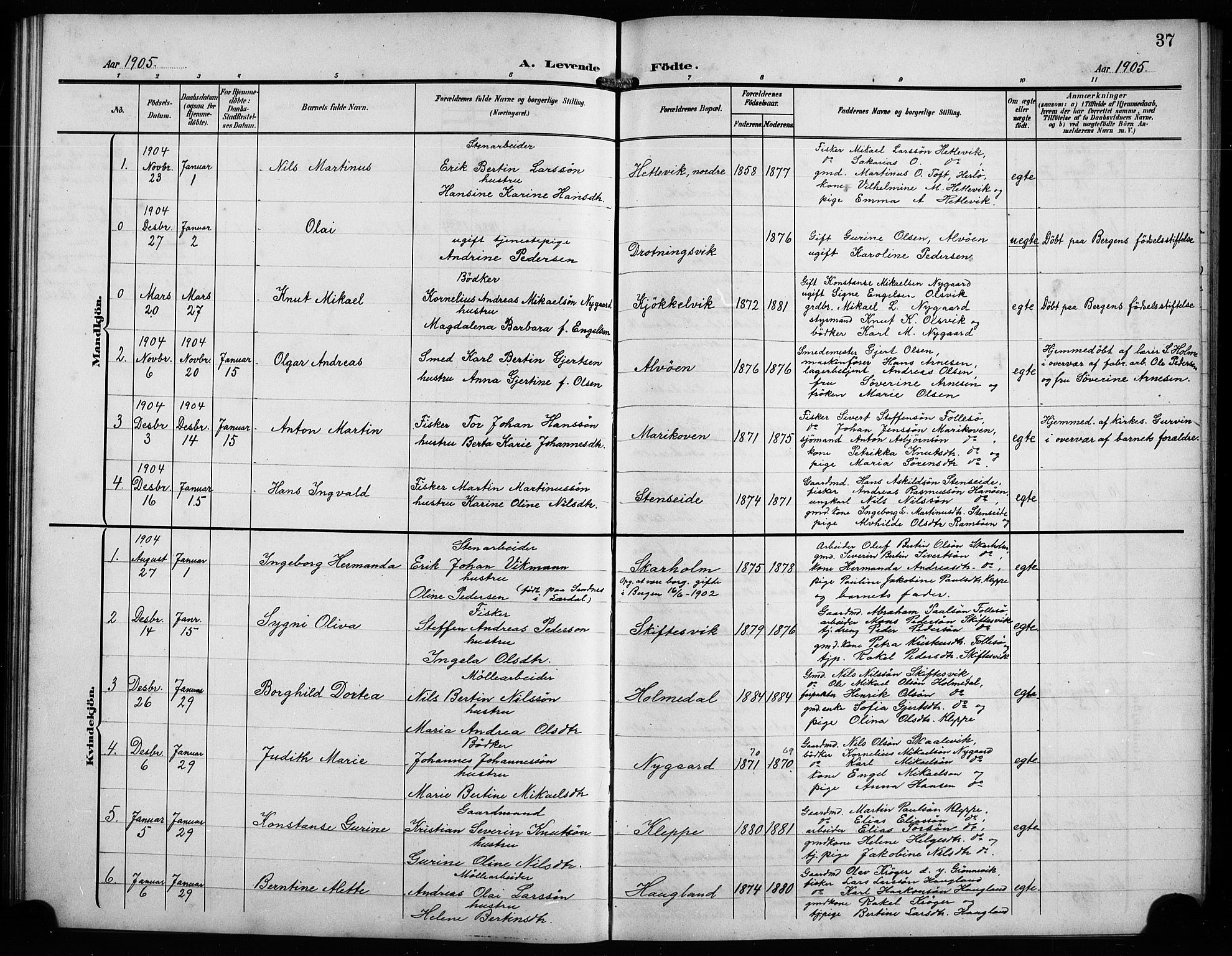 Askøy Sokneprestembete, AV/SAB-A-74101/H/Ha/Hab/Haba/L0010: Klokkerbok nr. A 10, 1903-1907, s. 37