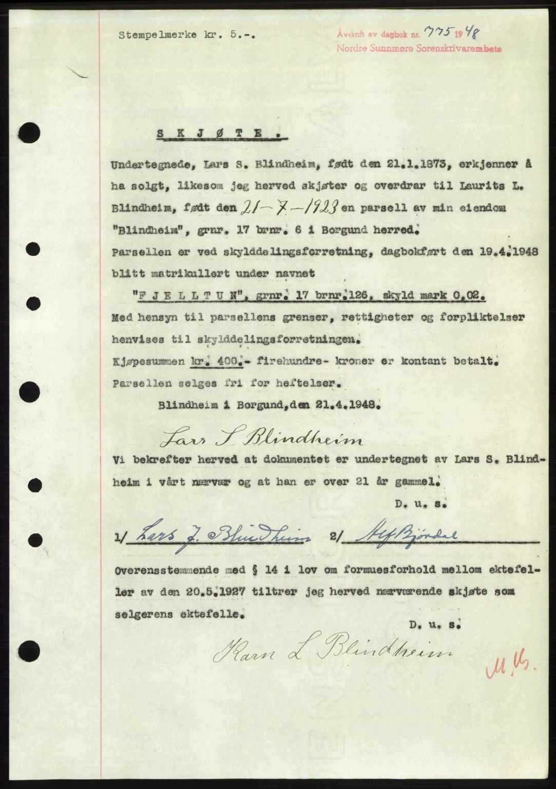 Nordre Sunnmøre sorenskriveri, AV/SAT-A-0006/1/2/2C/2Ca: Pantebok nr. A27, 1948-1948, Dagboknr: 775/1948