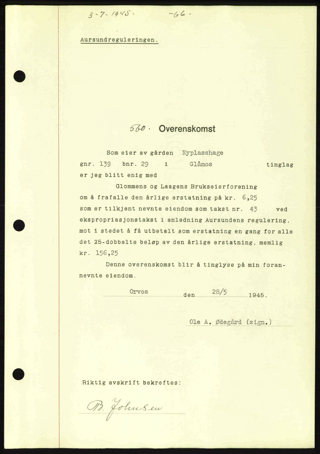 Gauldal sorenskriveri, SAT/A-0014/1/2/2C: Pantebok nr. A1a, 1945-1945, Dagboknr: 560/1945