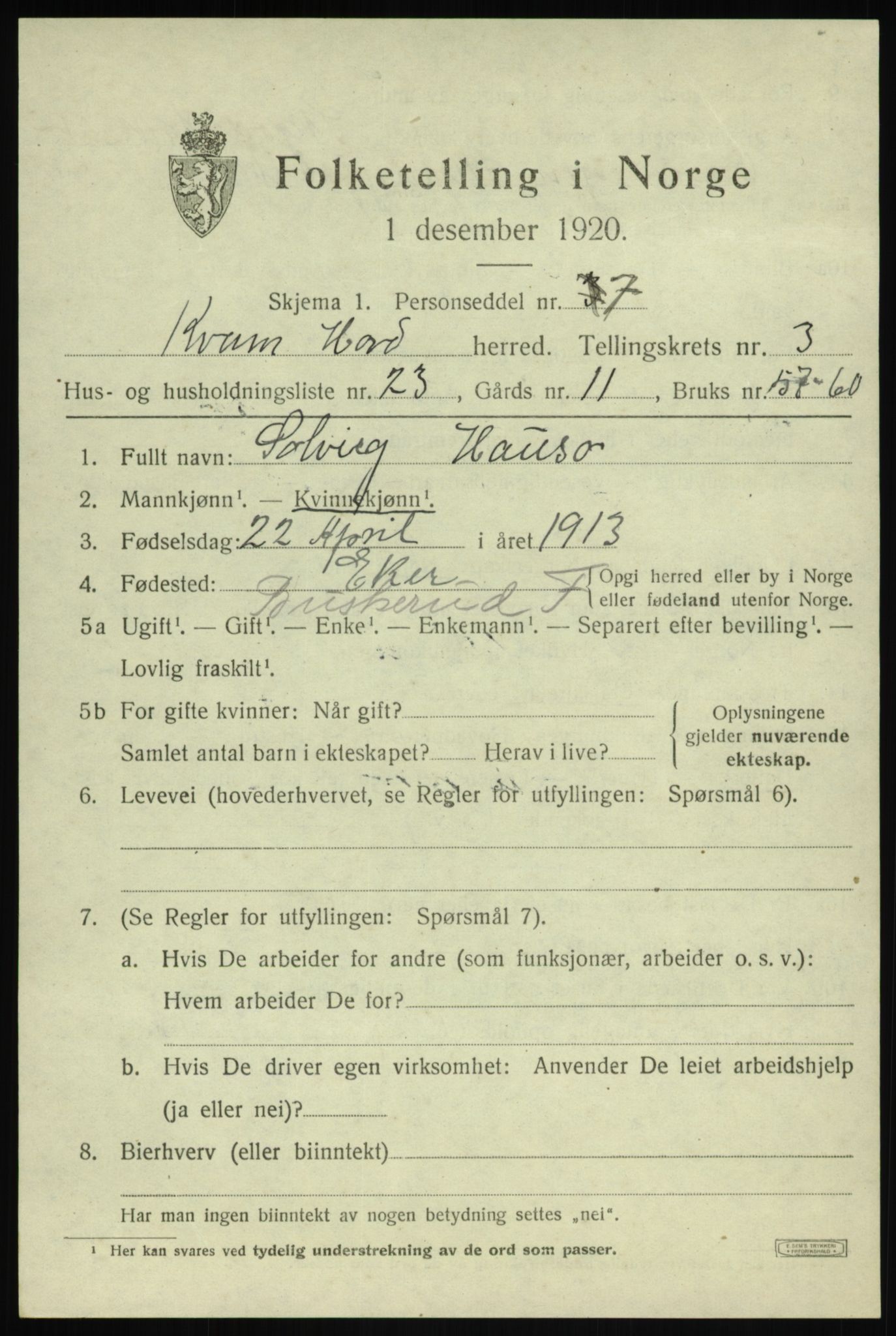 SAB, Folketelling 1920 for 1238 Kvam herred, 1920, s. 2793