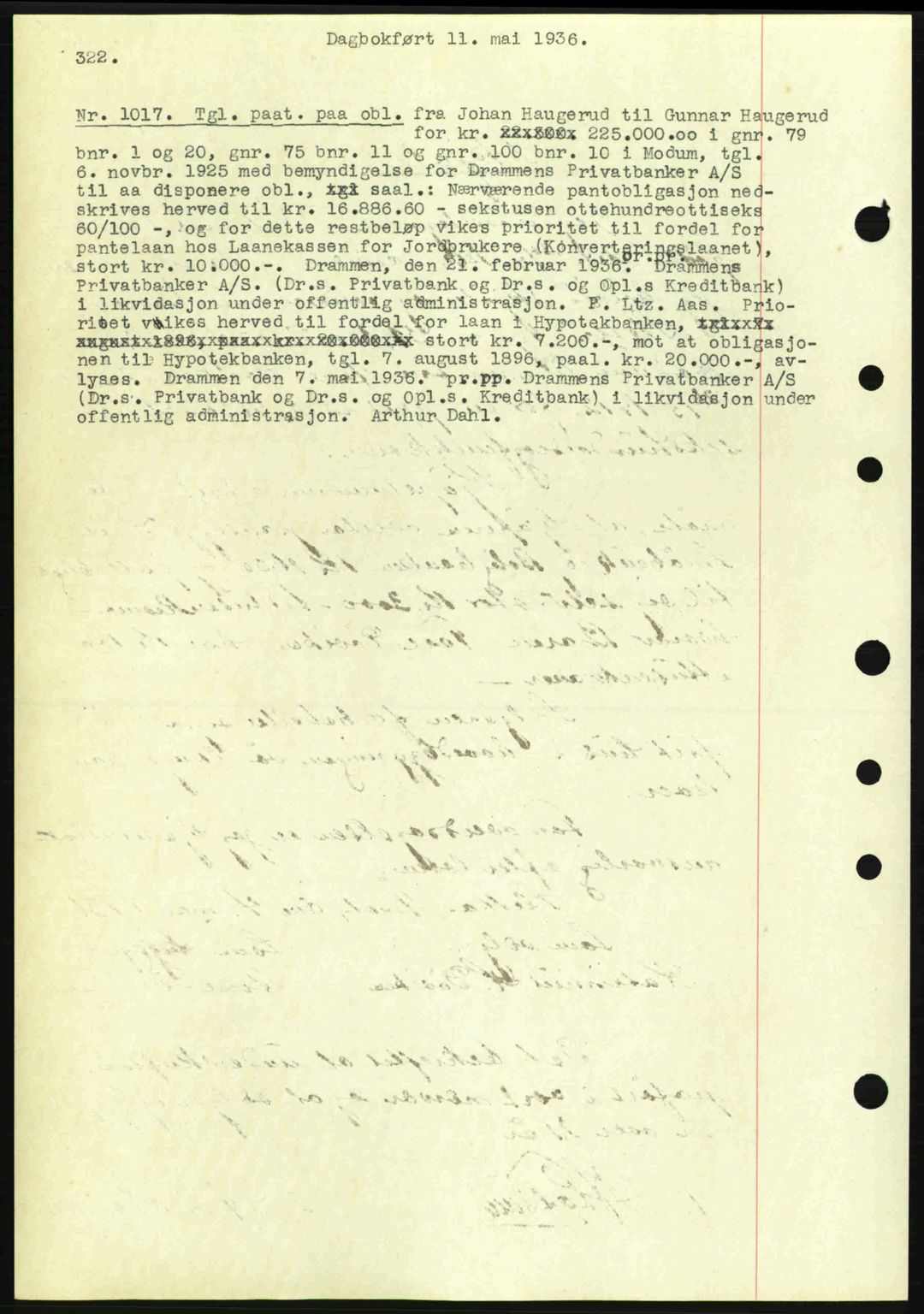Eiker, Modum og Sigdal sorenskriveri, SAKO/A-123/G/Ga/Gab/L0032: Pantebok nr. A2, 1936-1936, Dagboknr: 1017/1936