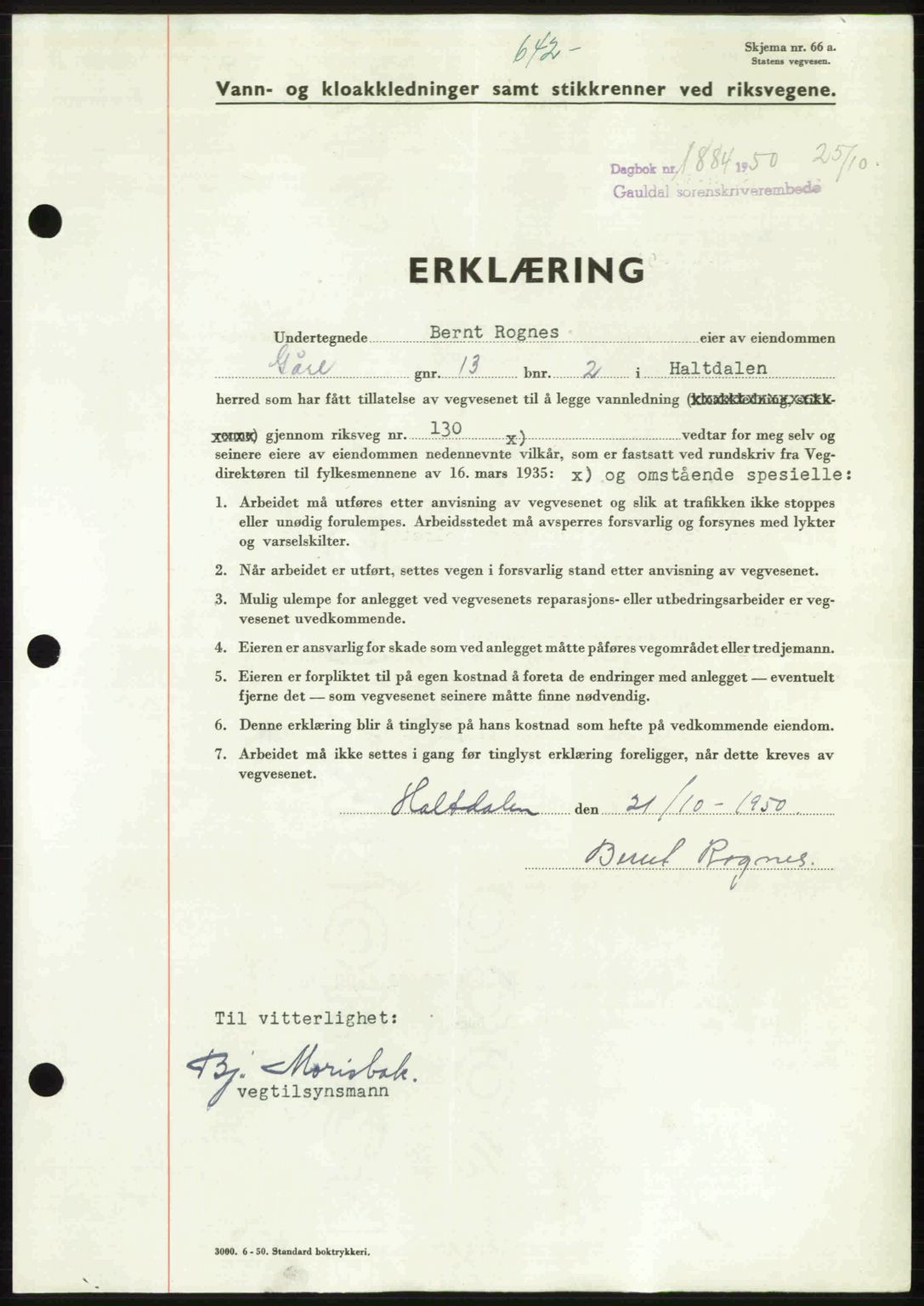 Gauldal sorenskriveri, SAT/A-0014/1/2/2C: Pantebok nr. A11, 1950-1950, Dagboknr: 1884/1950