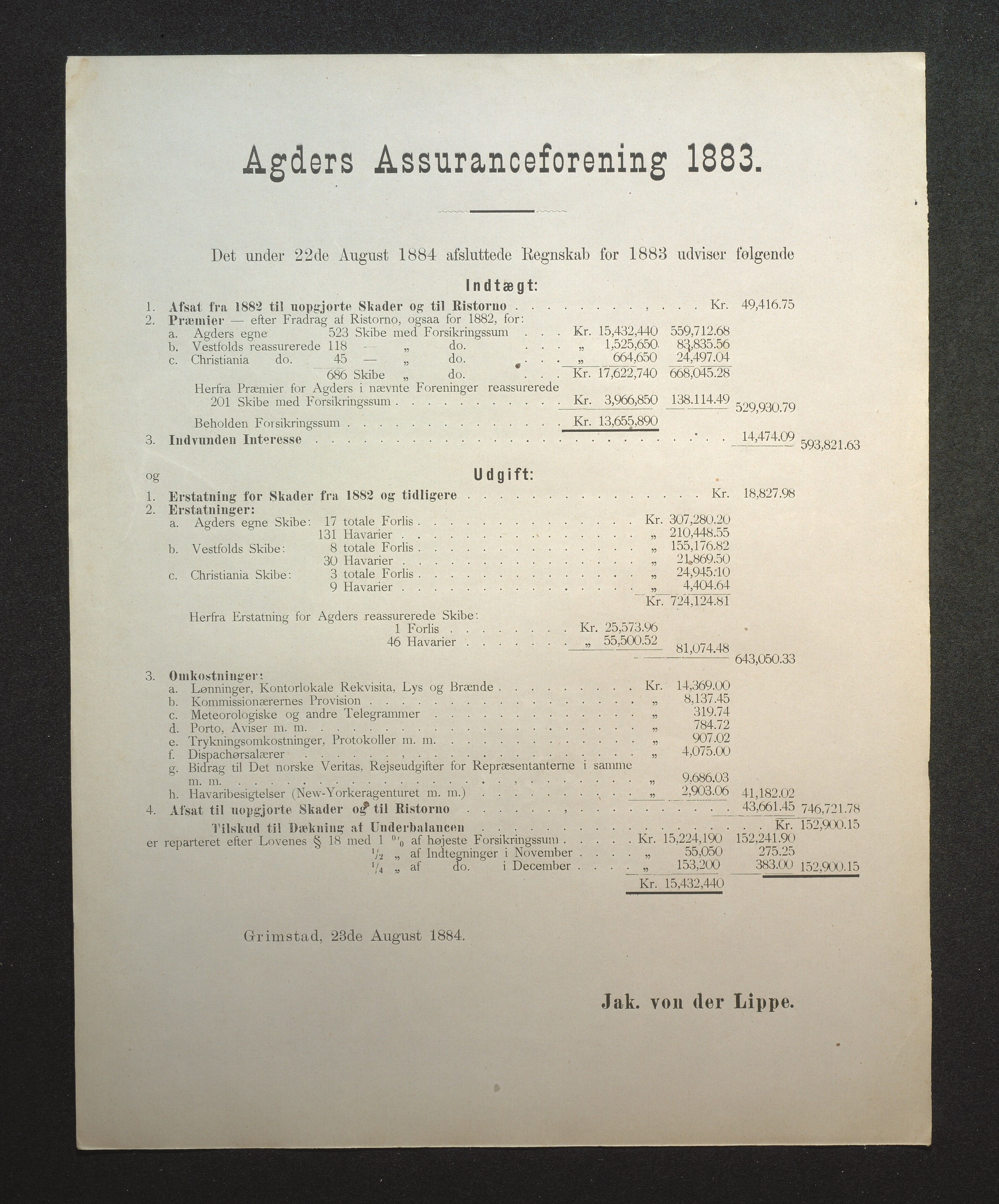 Agders Gjensidige Assuranceforening, AAKS/PA-1718/05/L0002: Regnskap, seilavdeling, pakkesak, 1881-1889