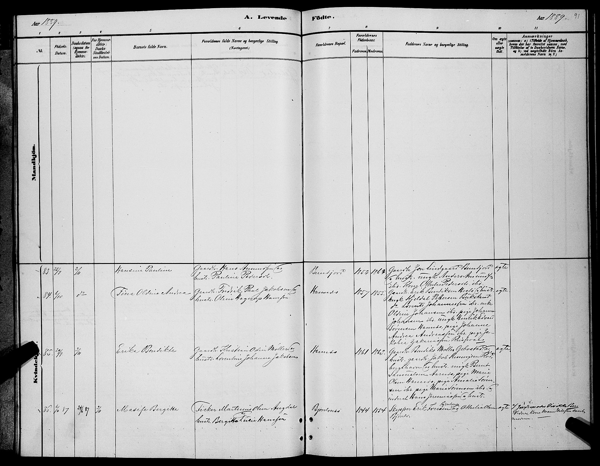 Lenvik sokneprestembete, AV/SATØ-S-1310/H/Ha/Hab/L0006klokker: Klokkerbok nr. 6, 1881-1889, s. 91